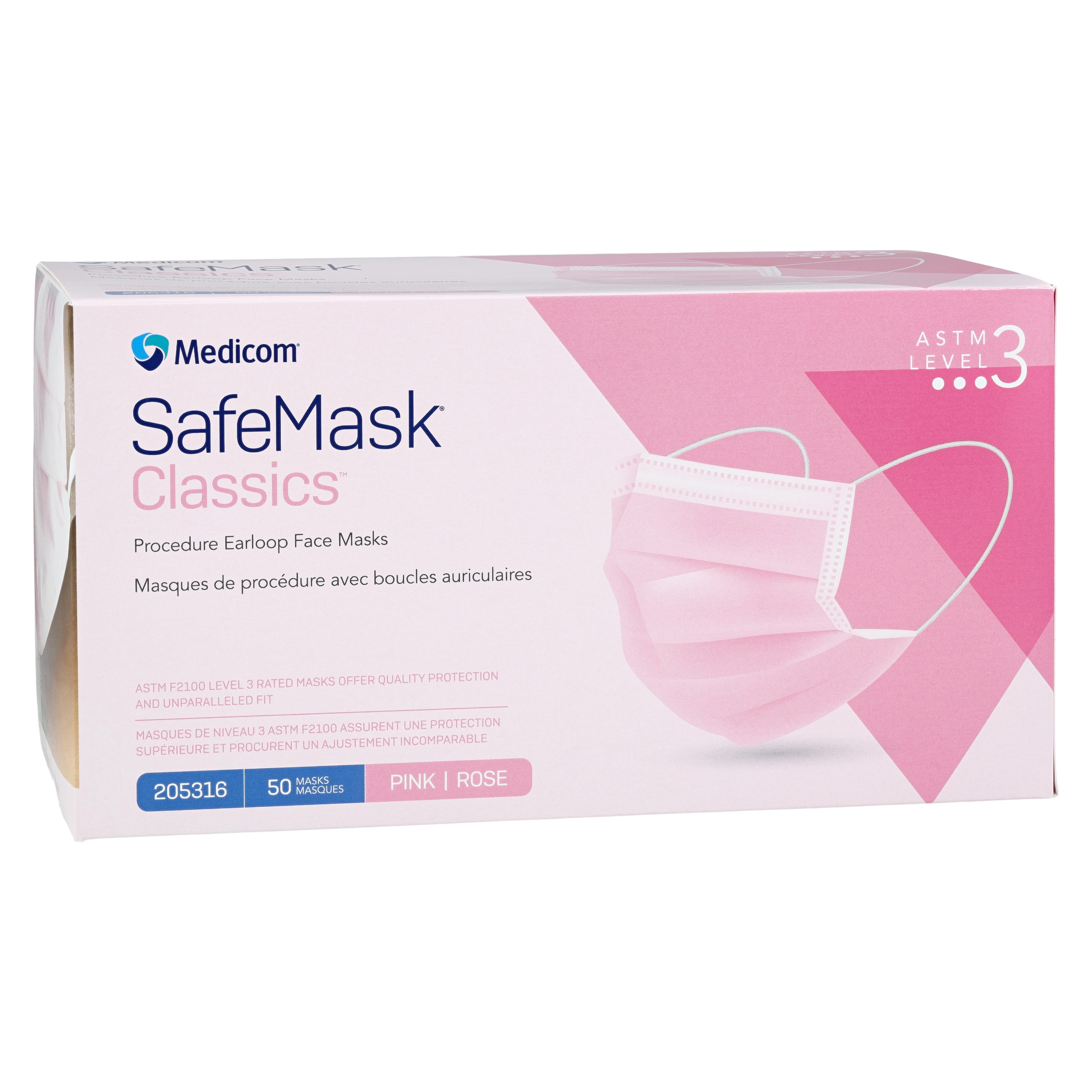 SafeMask® Classics™ Procedure Face Mask, ASTM Level 3, Earloop, Pink, 50/Box, 205316 thumbnail 3