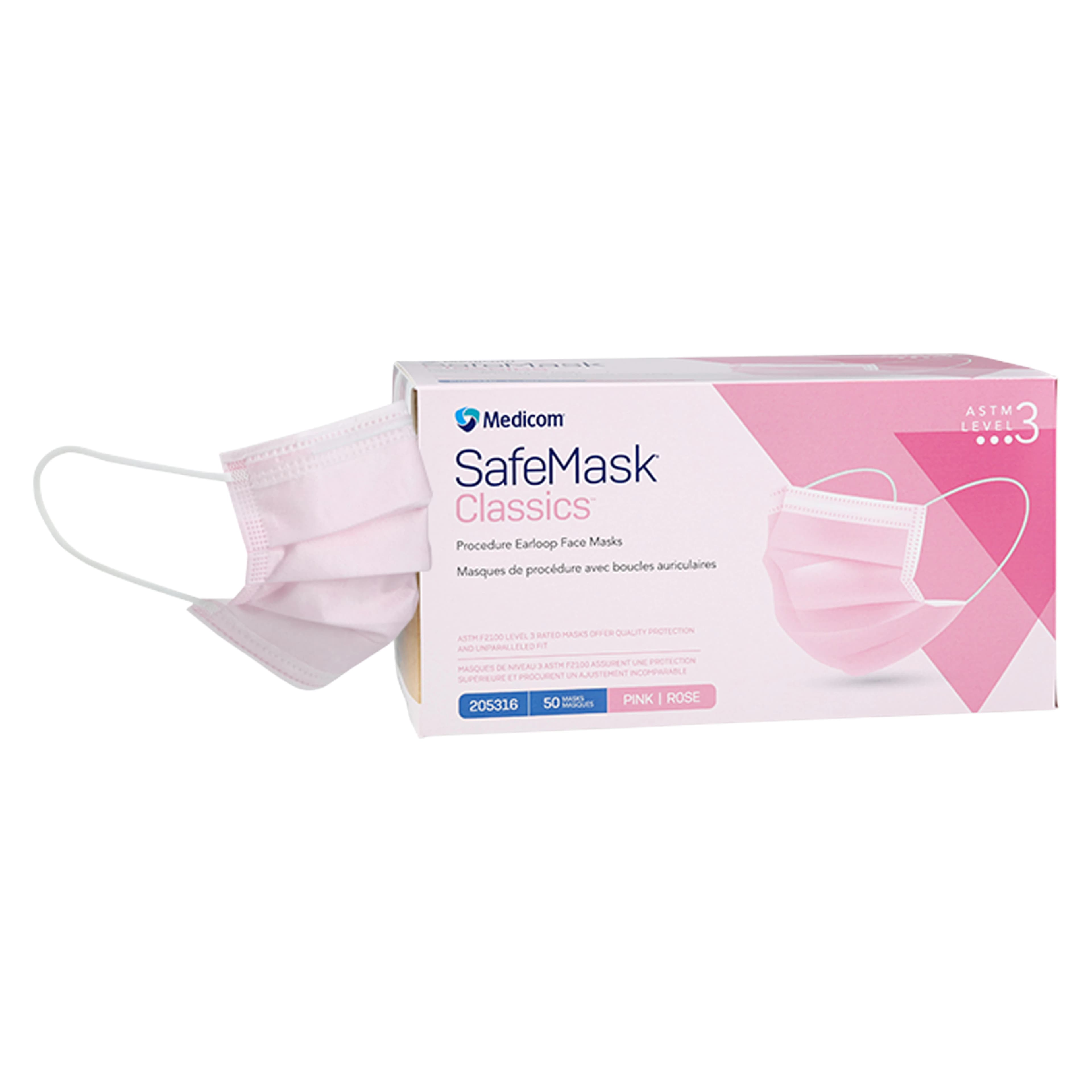 SafeMask® Classics™ Procedure Face Mask, ASTM Level 3, Earloop, Pink, 50/Box, 205316 - SafeMask® Classics™ Procedure Face Mask ASTM Level 3 Pink Box of 50 - Image 1