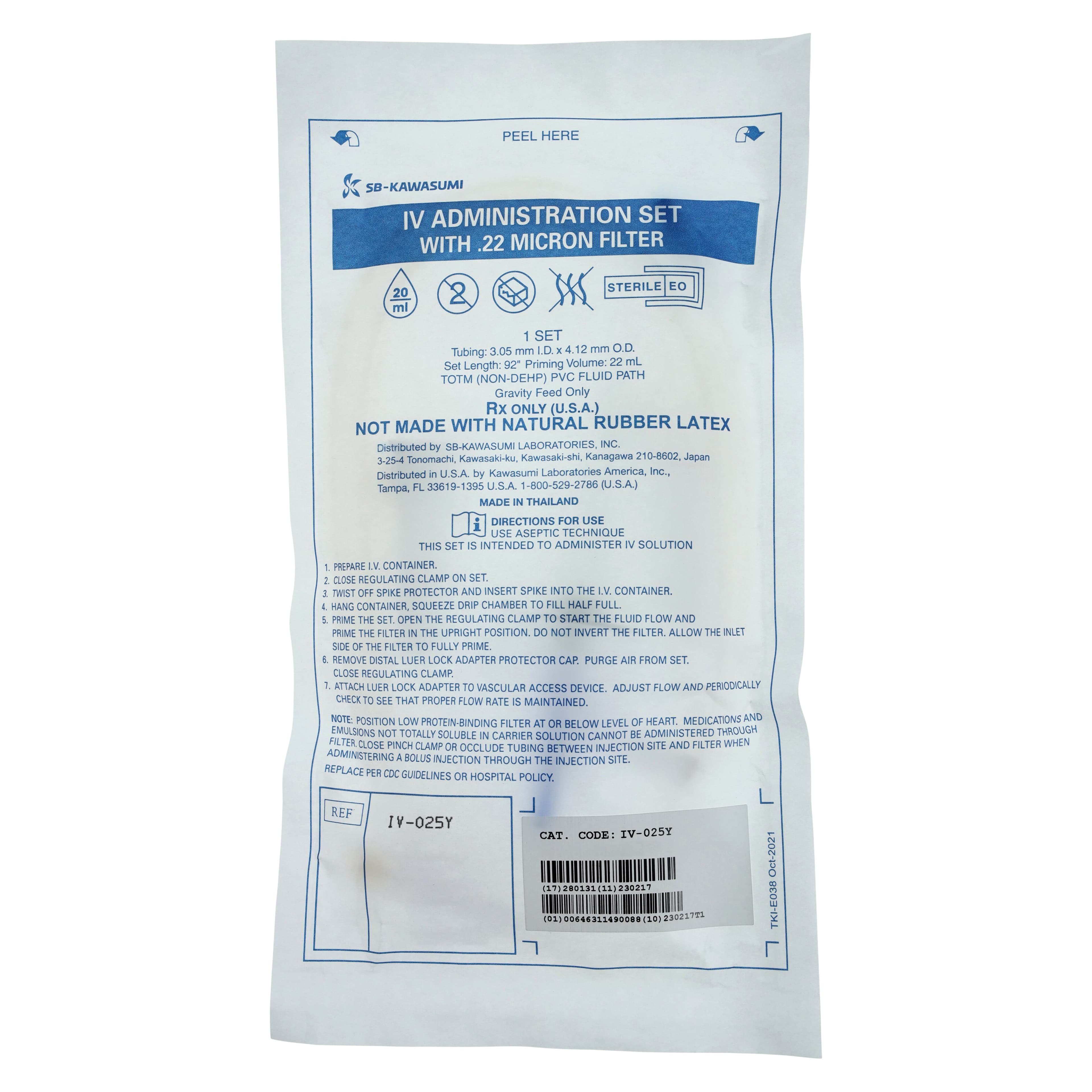 Kawasumi IV Administration Set with Y-Injection Site, 0.22 Micron Filter, 20 Drops/mL, Priming Volume 22mL, 92" Tubing, 50/Case thumbnail 3