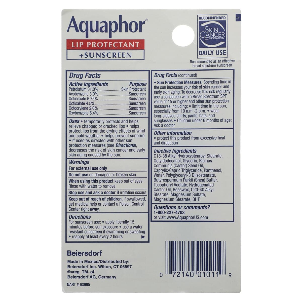 Aquaphor Lip Repair + SPF 30 Lip Balm, Unflavored, 0.14 oz Stick thumbnail 2