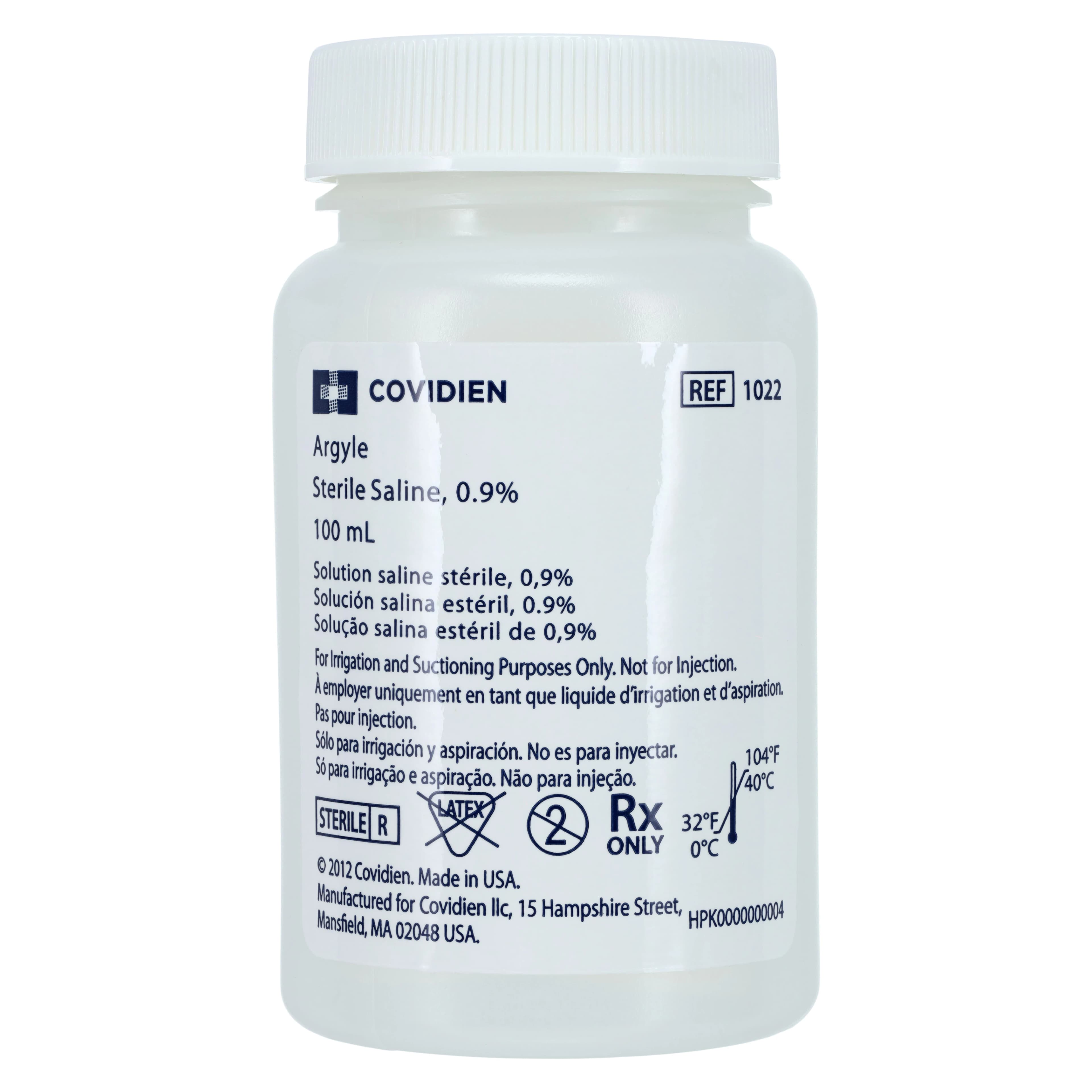 Argyle Irrigation Solution, Sterile Saline 0.9%, 100 mL Bottle, Twist Cap, 48/Case - Saline Sterile Irriga Bottle - Image 1
