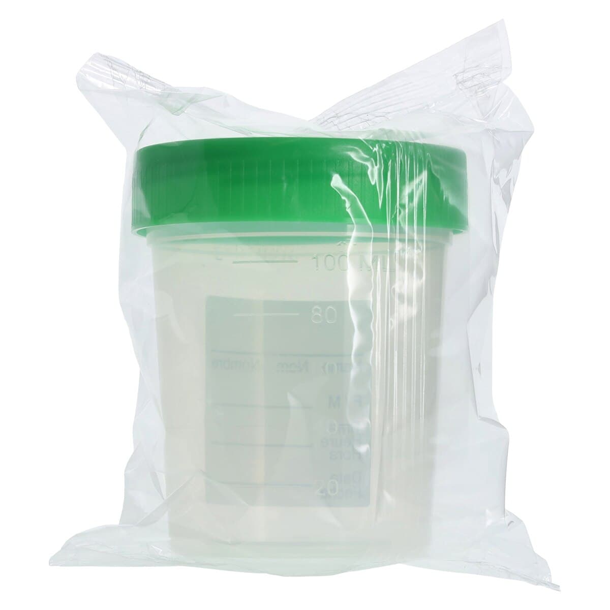 Globe Scientific Specimen Container, 4 oz, Polypropylene, Sterile, Individually Wrapped, Graduated, Green Screw Cap, Clear, 100/Case thumbnail 2