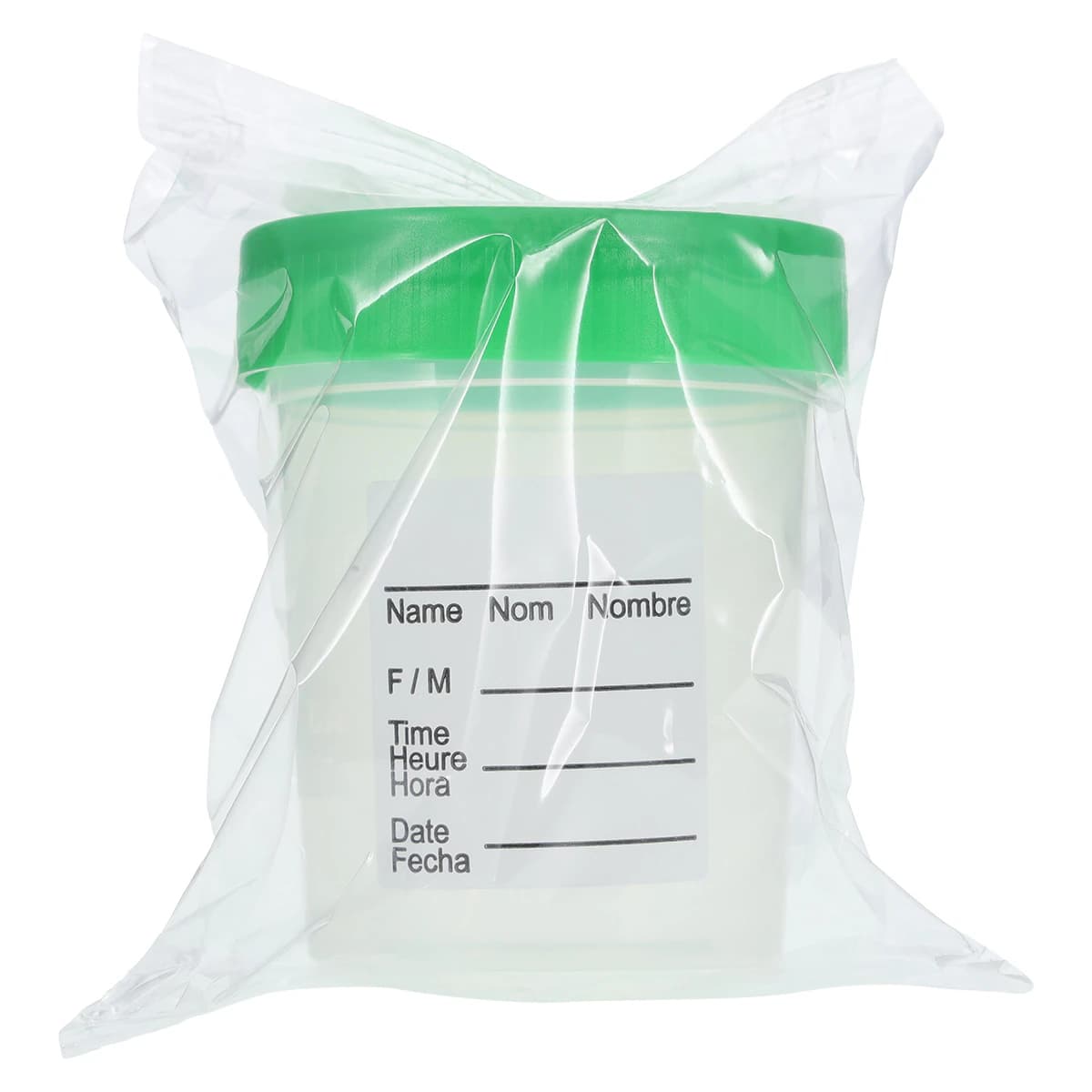Globe Scientific Specimen Container, 4 oz, Polypropylene, Sterile, Individually Wrapped, Graduated, Green Screw Cap, Clear, 100/Case - Specimen Cup Sterile Green Cap - Image 1