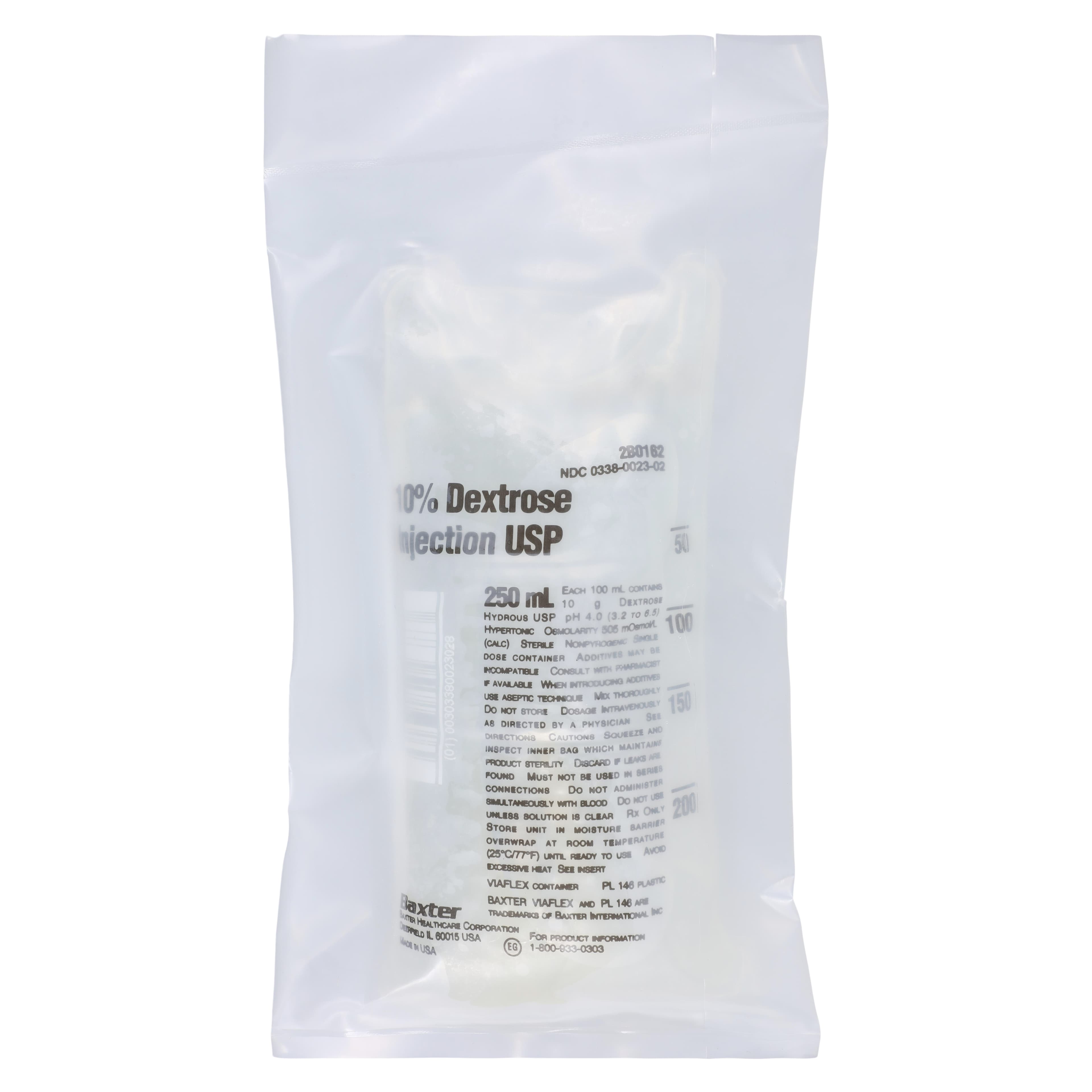 Baxter Viaflex Dextrose 10% in Water IV Injection Solution, 250 mL, Plastic Container, Sterile, DEHP-Free, Latex-Free, 36/Case - Dextrose 10% In Water Inj - Image 1