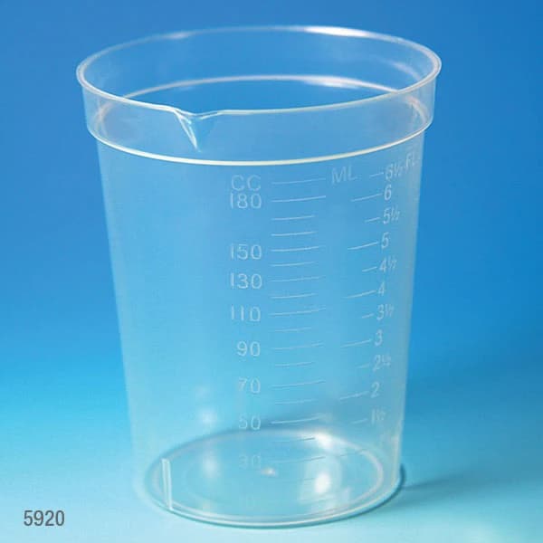 Globe Scientific Specimen Container, 6.5 oz Polypropylene, Non-Sterile, Graduated with Pour Spout, No Closure, Clear, 25/Package thumbnail 2
