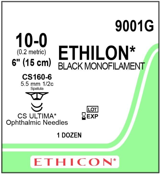 Ethicon Ethilon Nylon Monofilament Non-Absorbable Suture, Size 10-0, 6", Black, CS160-6 Ultima Spatula Needle, 1/2 Circle, 12/Box, 9001G thumbnail 2