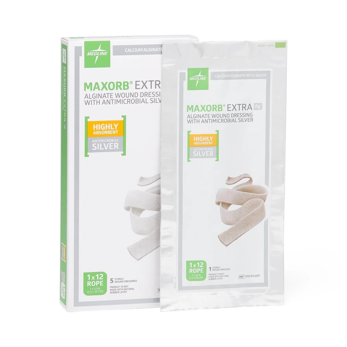 Medline Maxorb Extra Ag Alginate Silver Rope Dressing, 1" x 12", Flat Rope, Latex-Free - Maxorb Extra Ag Alginate - Image 1