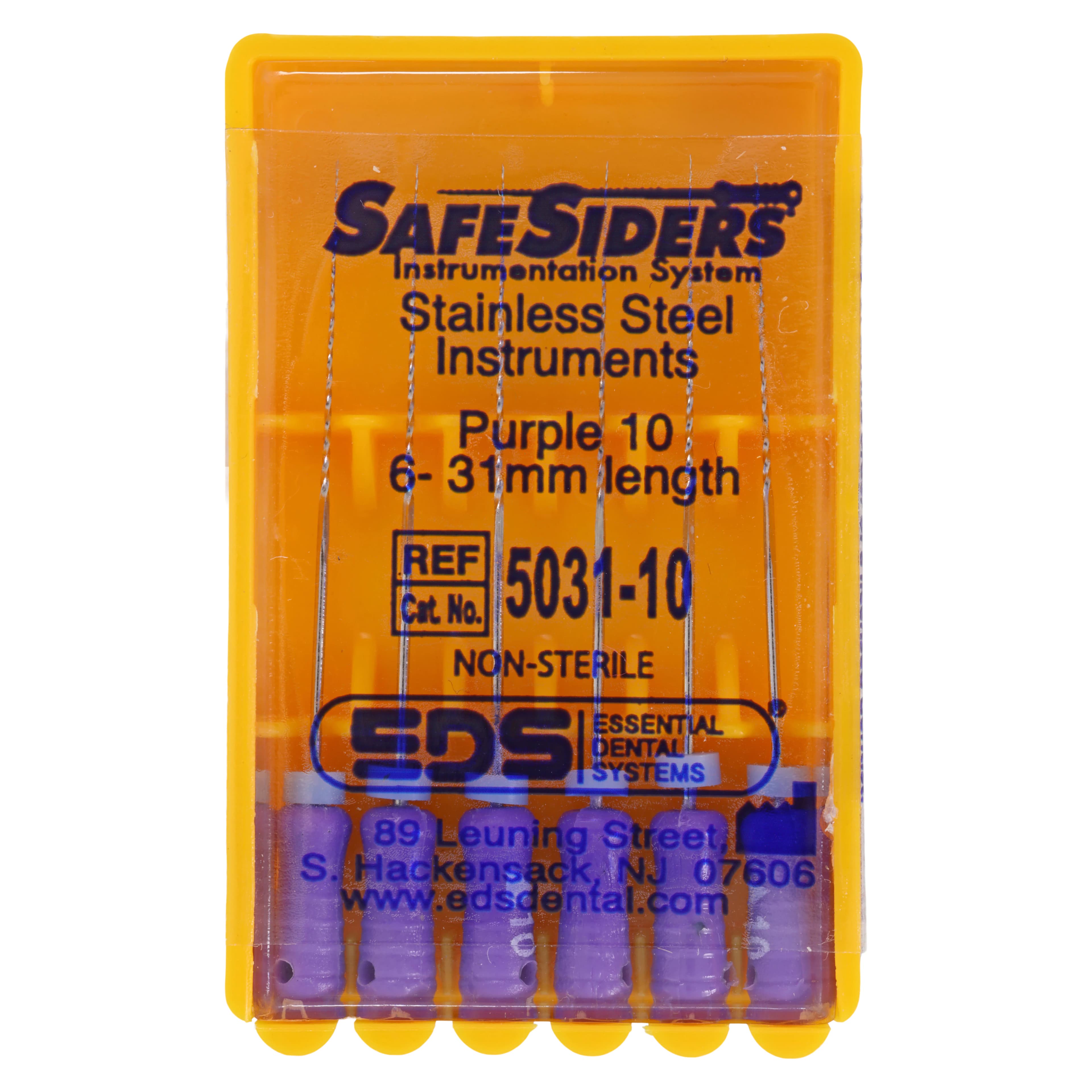SafeSiders Endodontic Hand Reamers, 31 mm, 0.02 Taper, Size #10, Purple, Stainless Steel, 6/Pkg, 5031-10 - , 31 mm, 6/Pkg, Purple, #10, 02Taper, 5031-10 - Image 1
