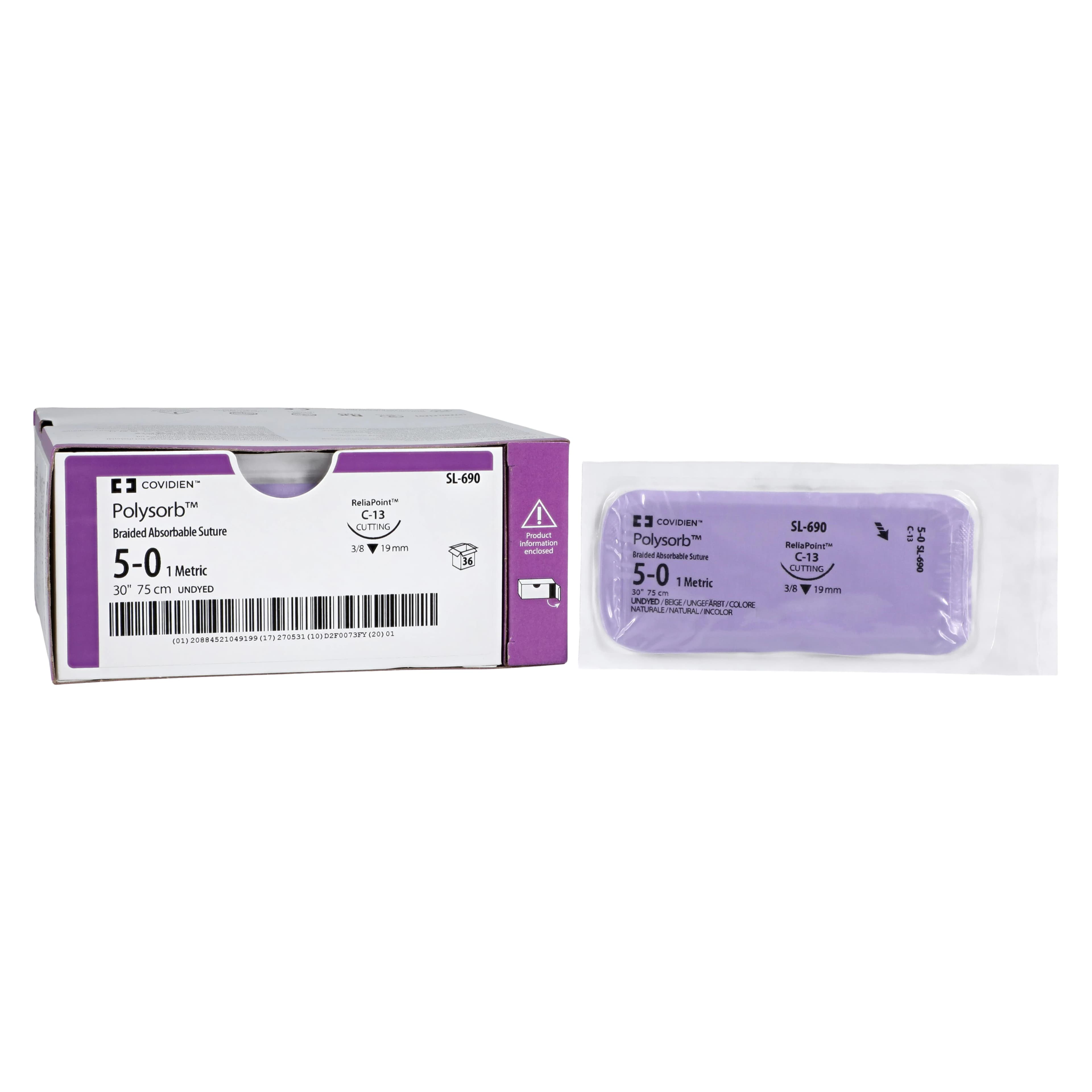 Medtronic Polysorb Absorbable Suture, 5-0, 30", C-13 Reverse Cutting 3/8 Circle Needle 19mm, Undyed, 36/Case thumbnail 2