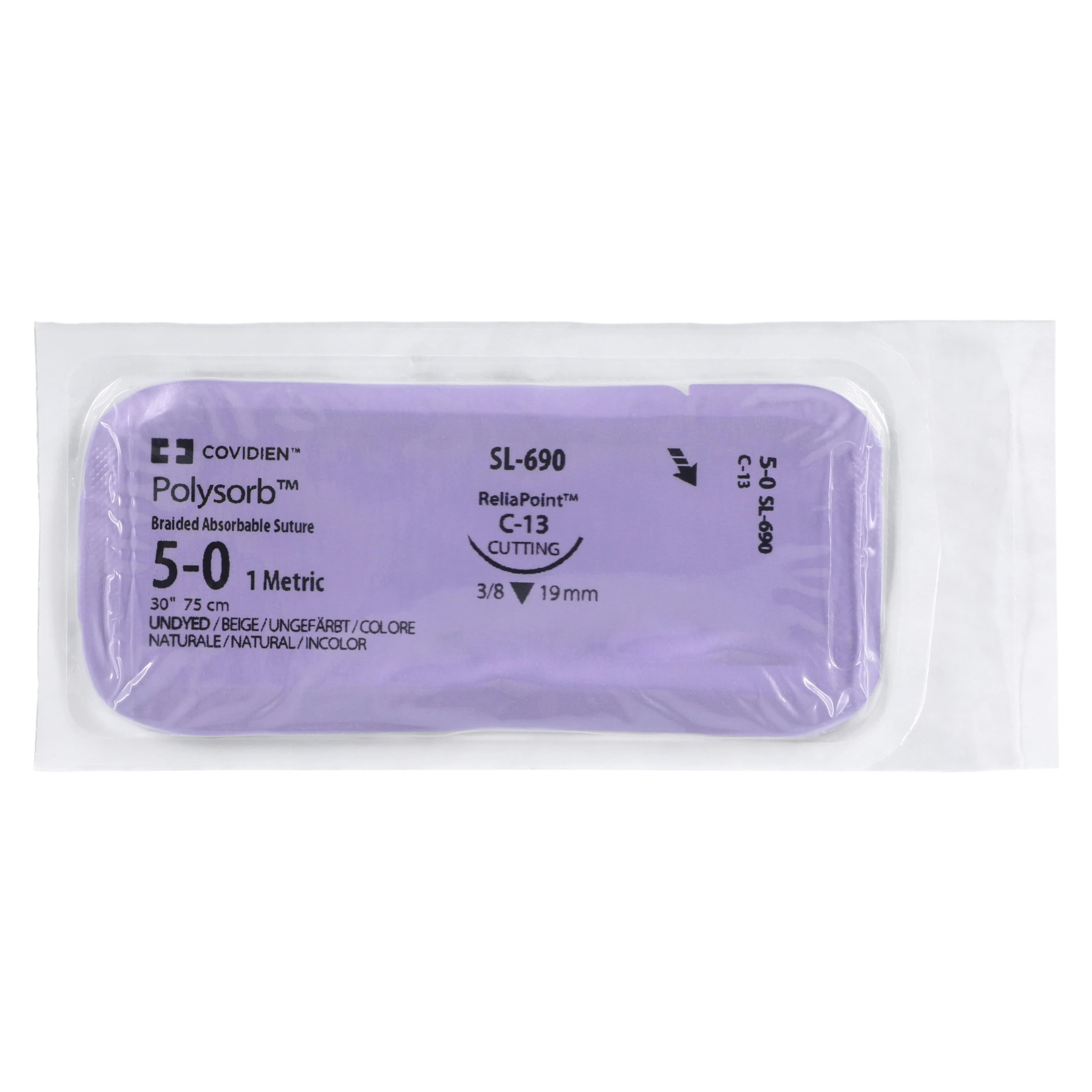 Medtronic Polysorb Absorbable Suture, 5-0, 30", C-13 Reverse Cutting 3/8 Circle Needle 19mm, Undyed, 36/Case thumbnail 3