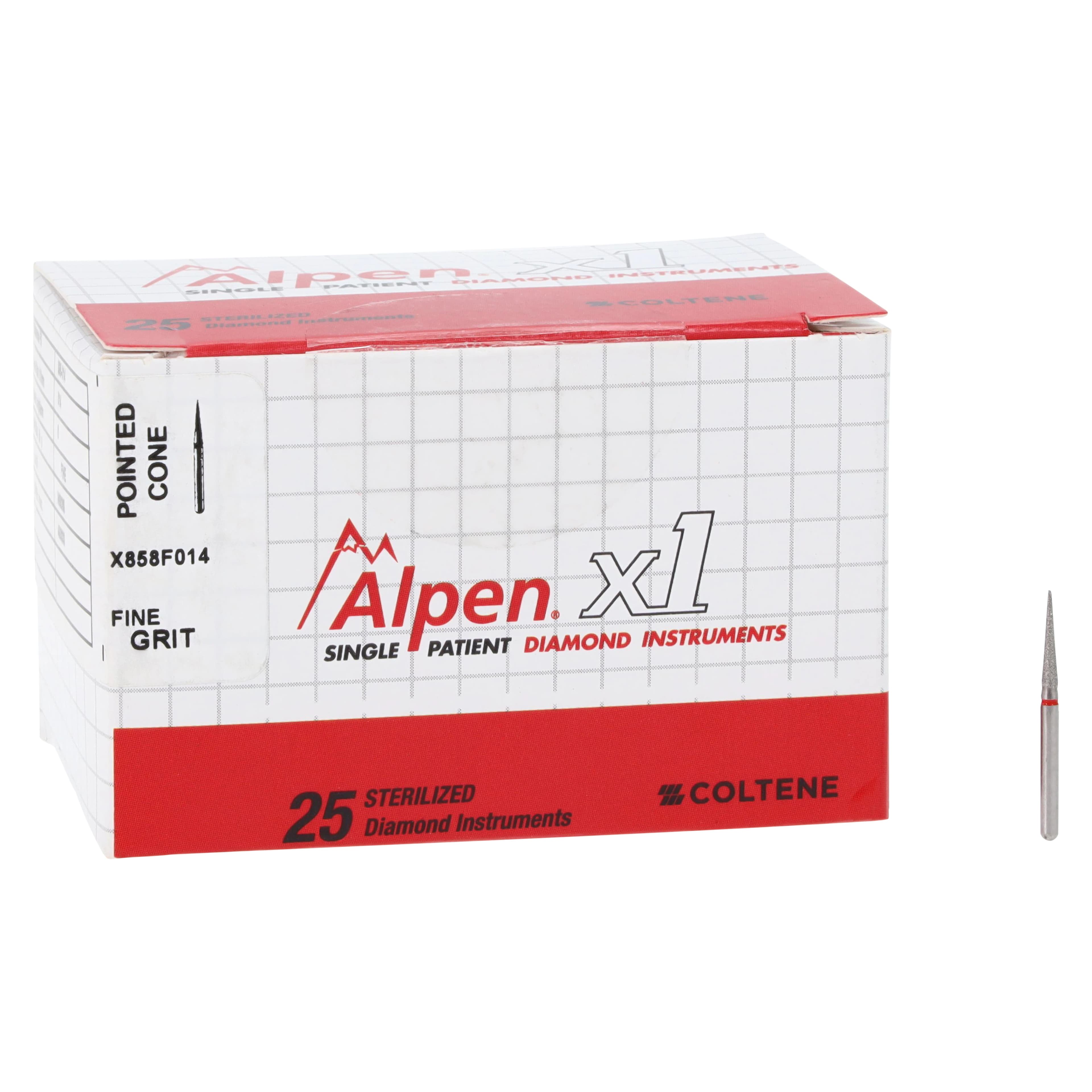 Alpen X1 Single-Use Diamond Bur, FG, #858-014F, Cone Pointed End, Fine Grit, Red Ring, 1.4 mm Diameter, 8.0 mm Length, 25/Pk, X858F014 thumbnail 4