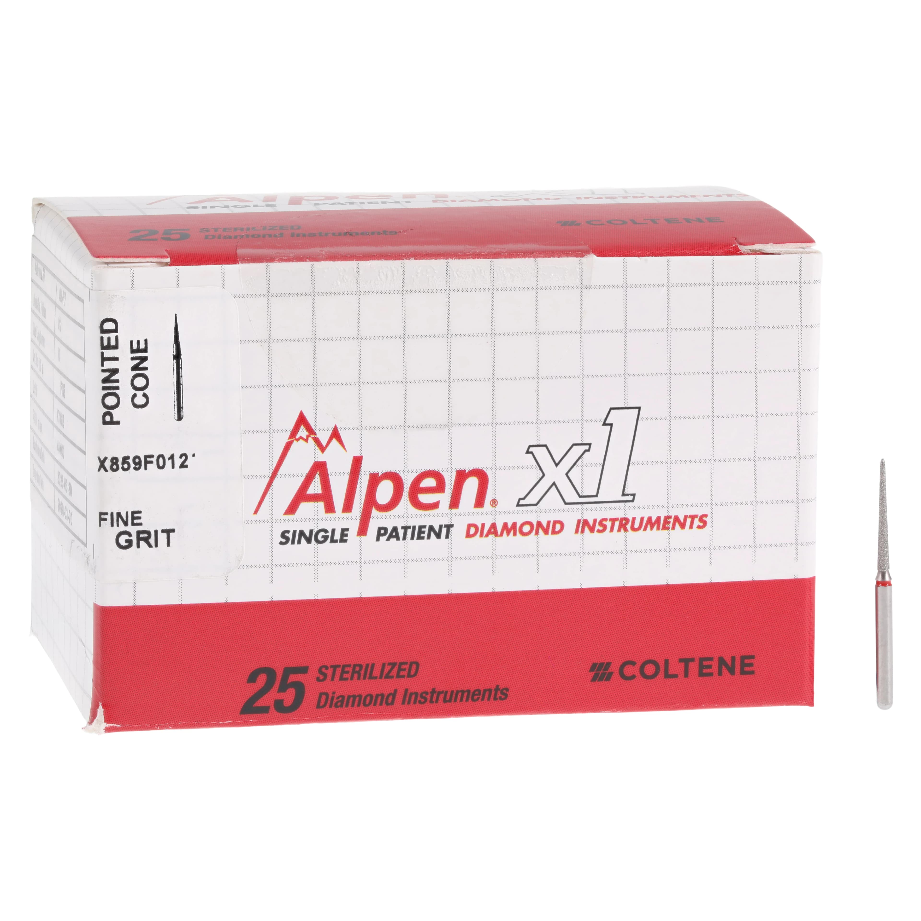 Alpen x1 Single-Use Diamond Bur, FG, #859-012F, Pointed Cone, Fine Grit, Red, 1.2 mm, 25/Pk, X859F012 thumbnail 4
