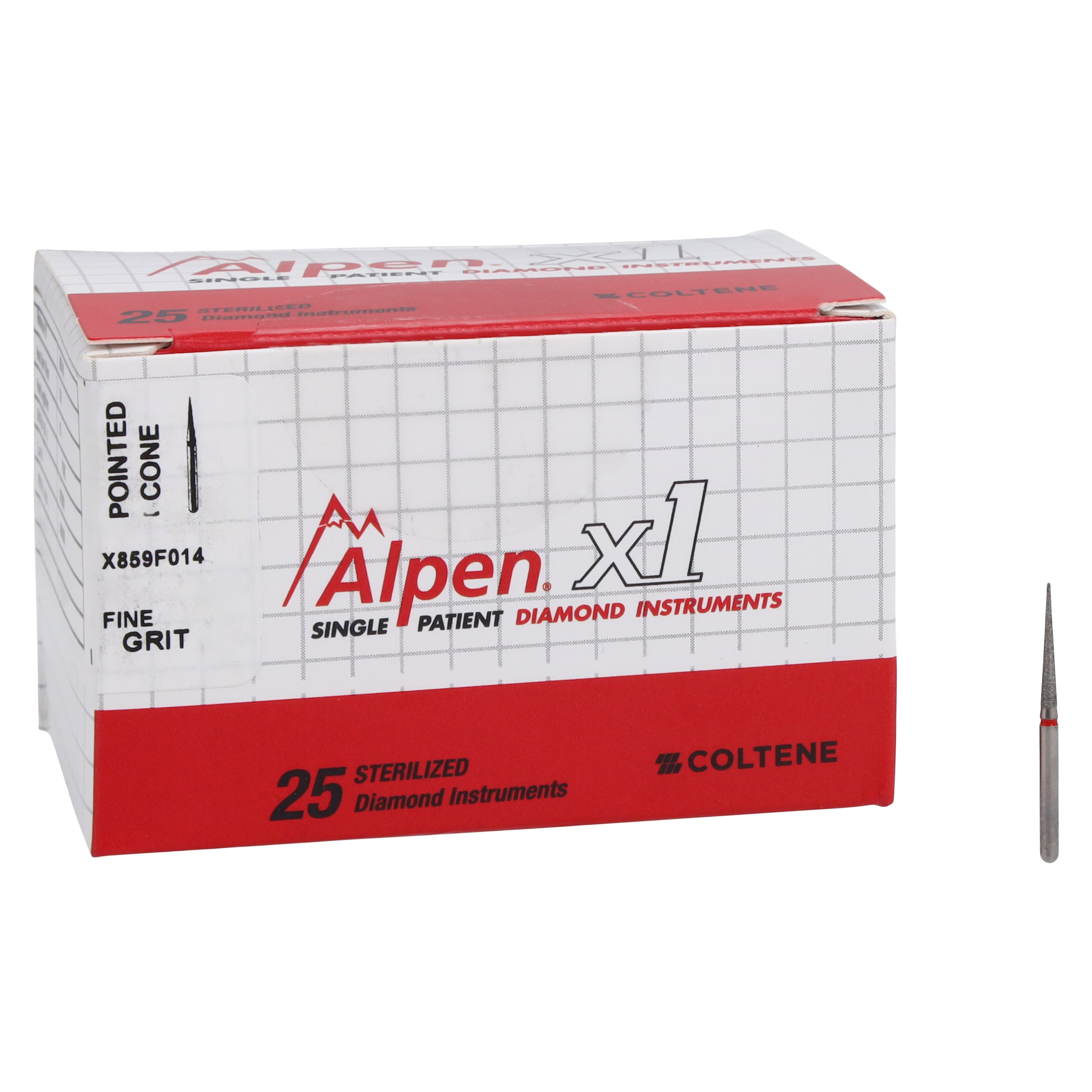 Alpen X1 Single-Use Diamond Bur, FG, #859-014F, Cone Pointed End, Fine Grit, Red Ring, 1.4 mm Diameter, 10.0 mm Length, 25/Pk, X859F014 thumbnail 4
