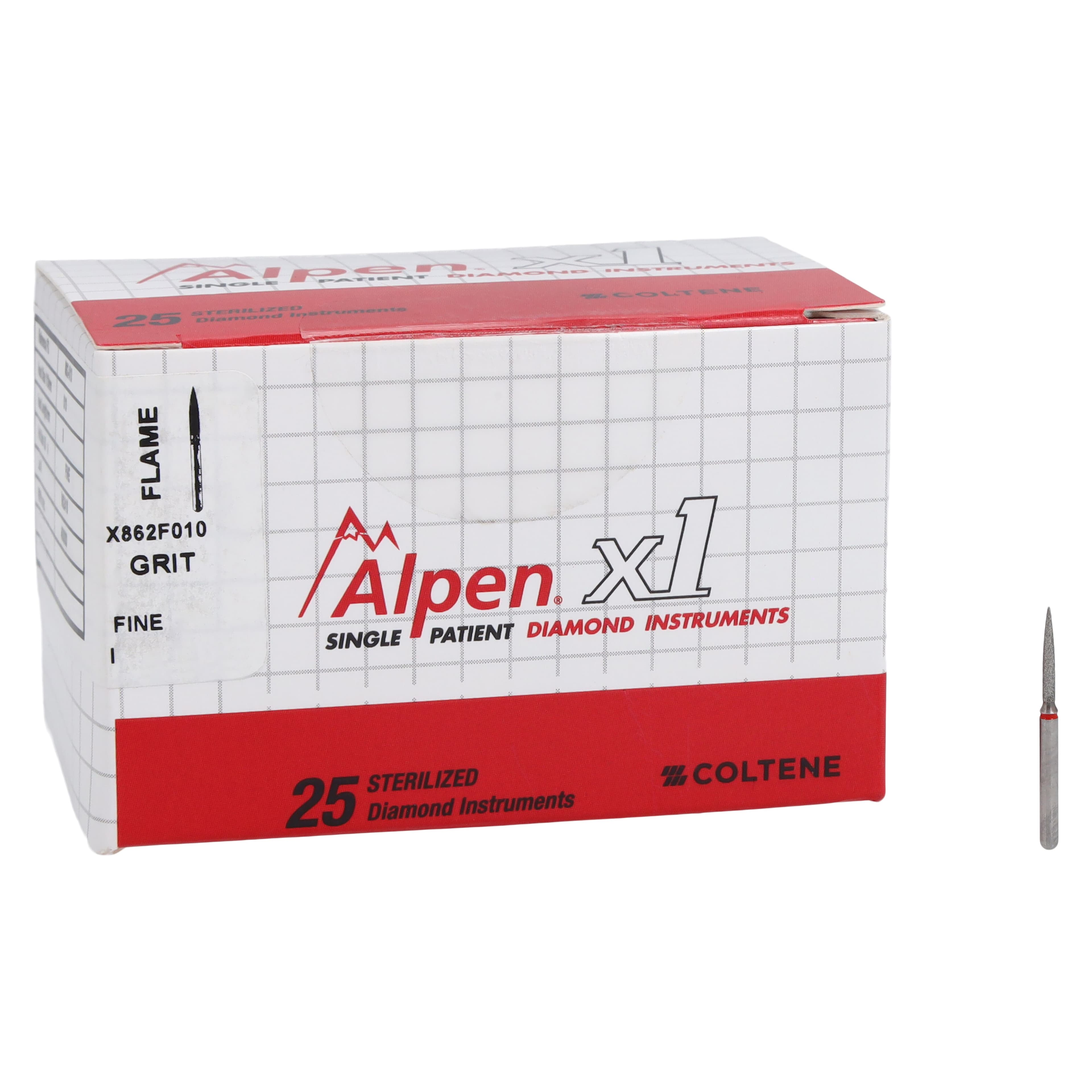 Alpen® x1 Single-Use Diamond Bur, FG, Fine, Flame, #862, 1.0 mm Diameter, 8.0 mm Length, Red Ring, 25/Pkg, X862F010 thumbnail 4