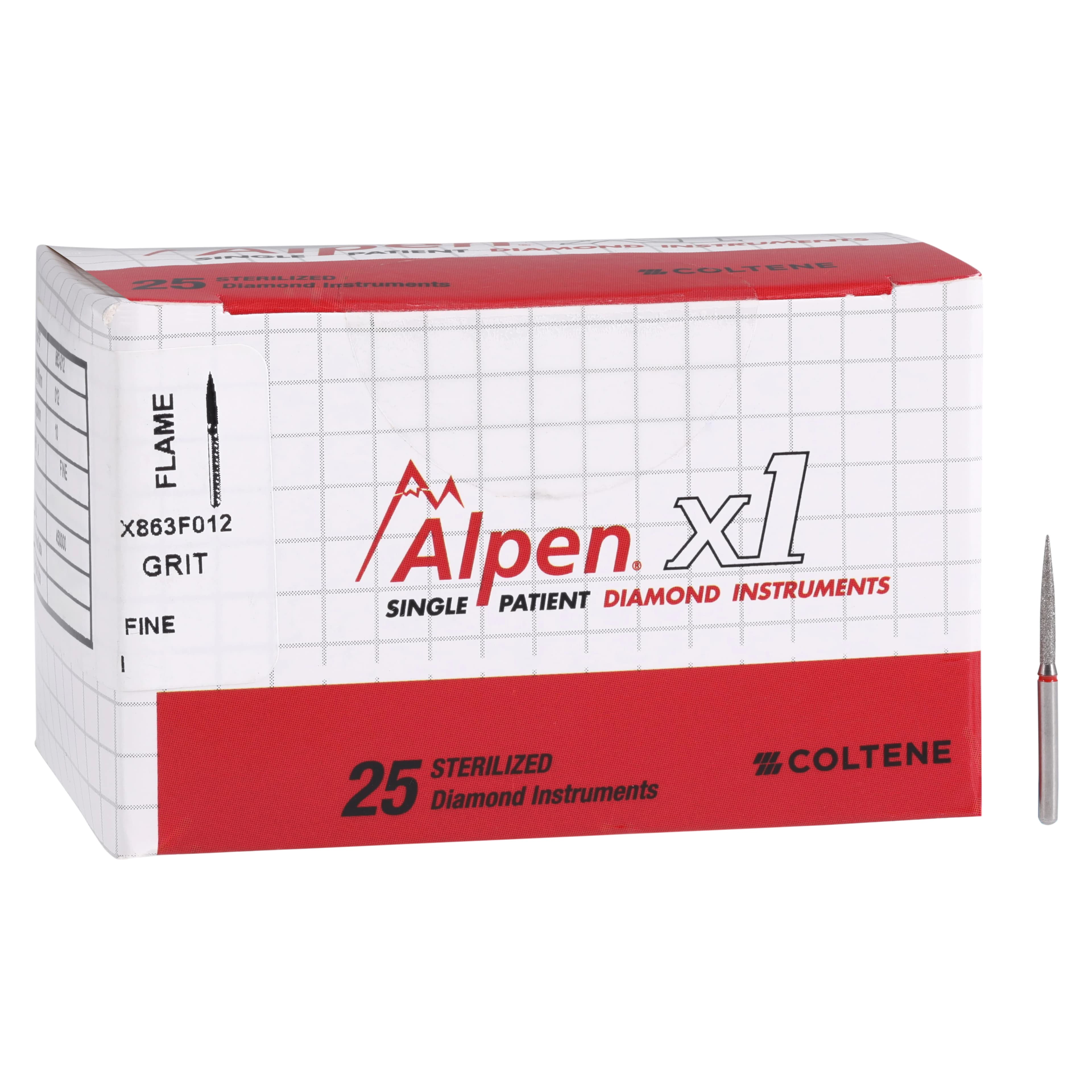 Alpen x1 Single-Use Diamond Bur, FG, Fine Grit, Flame Shape, #863-012, 1.2 mm Diameter, 10.0 mm Length, 25/Pk, X863F012 thumbnail 4