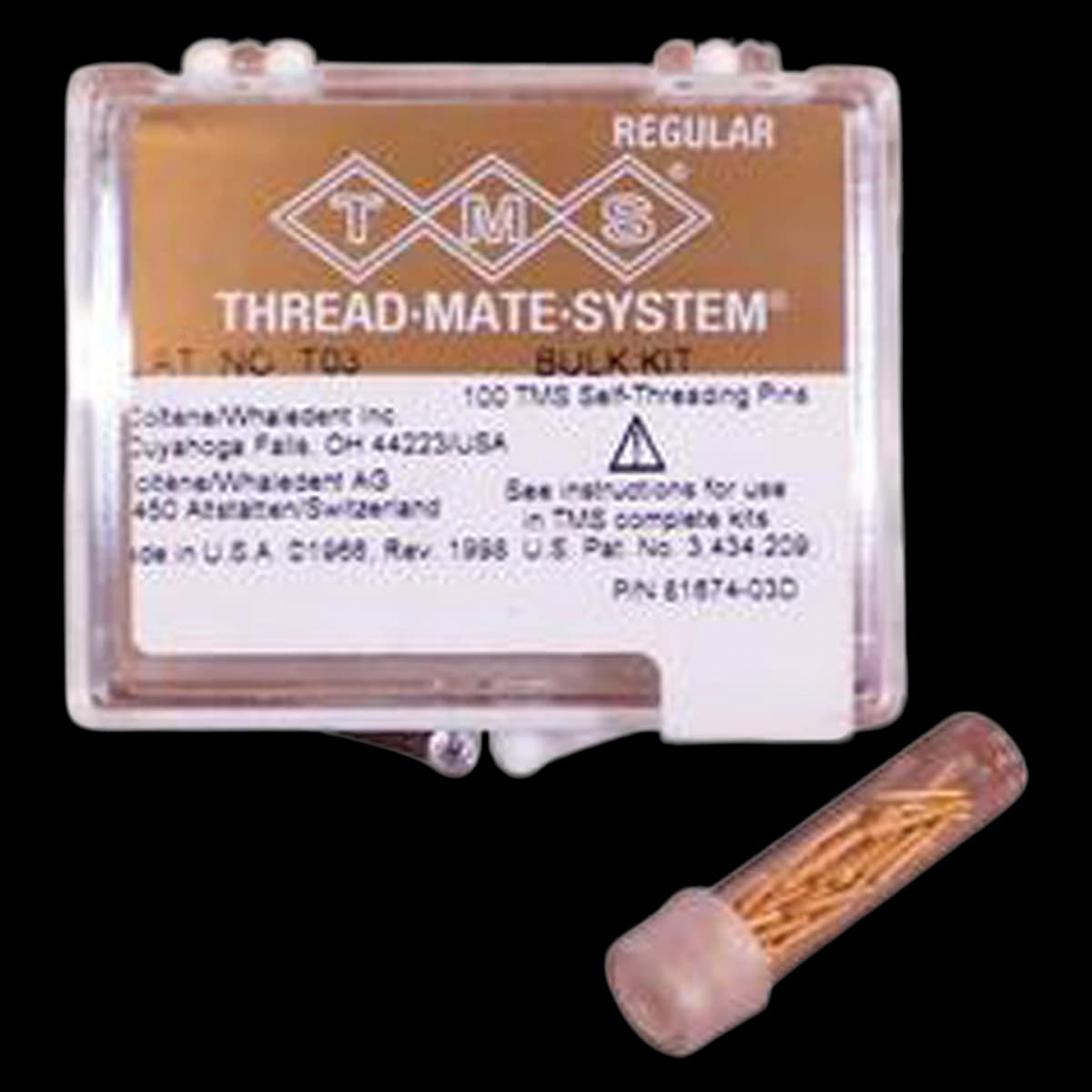 TMS Thread Mate System Regular Bulk Kit, Gold-Plated Stainless Steel Self-Threading Pins, 0.027" (0.675 mm), 100/Bx, T-03 - TMS® Thread Mate System® Regular Kits - Bulk Kit - Image 1