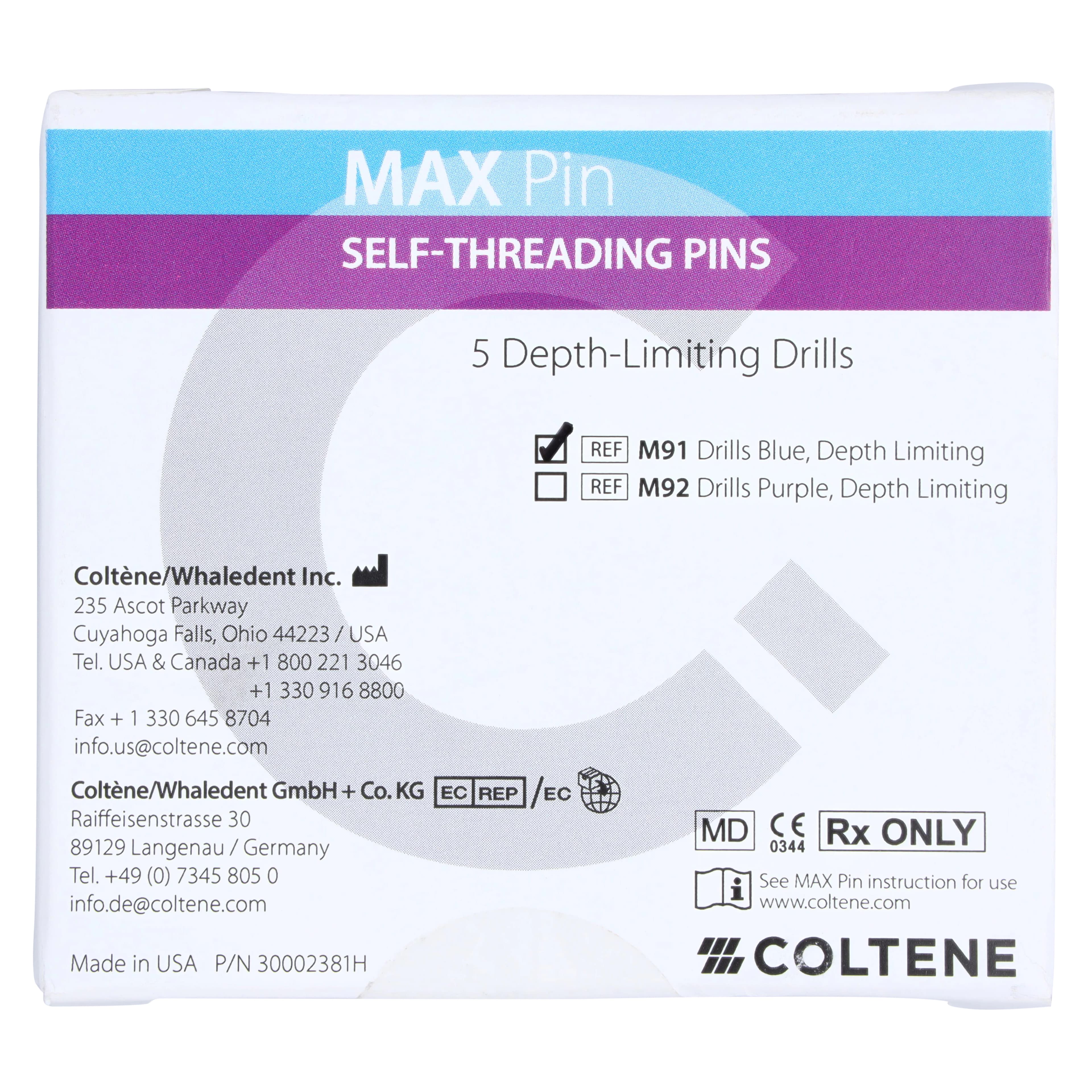Max M-91 Restorative Pin Drills, Blue, Depth-Limiting, 0.017" x 0.075" (0.425 x 1.9 mm), 5/Pk - Max Drills .017 M-91 5/Bx - Image 1