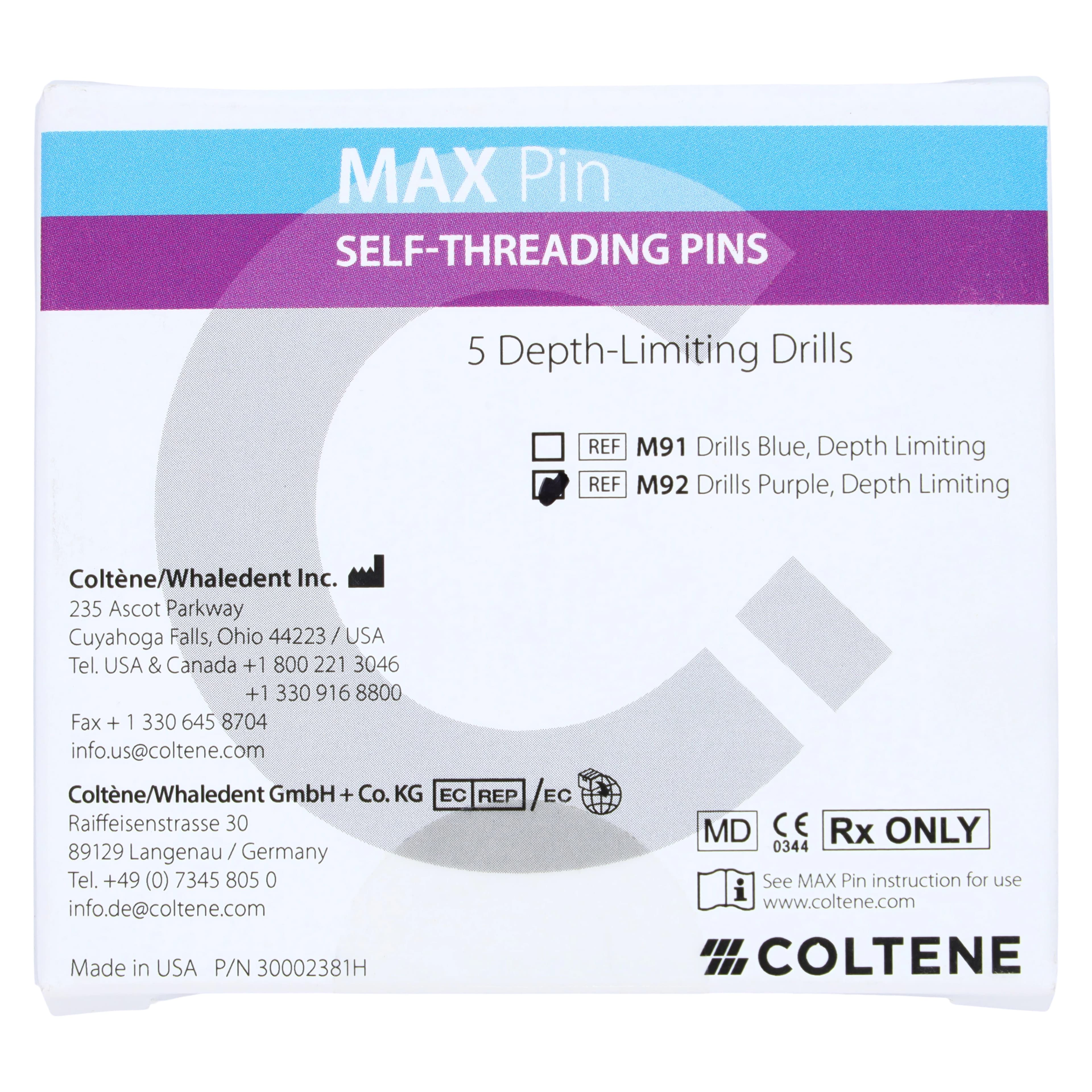 Coltene Max M-92 Restorative Pin Drill, 0.021" x 0.095" (0.525 mm x 2.4 mm), Purple, Depth-Limiting, Pack of 5 thumbnail 4