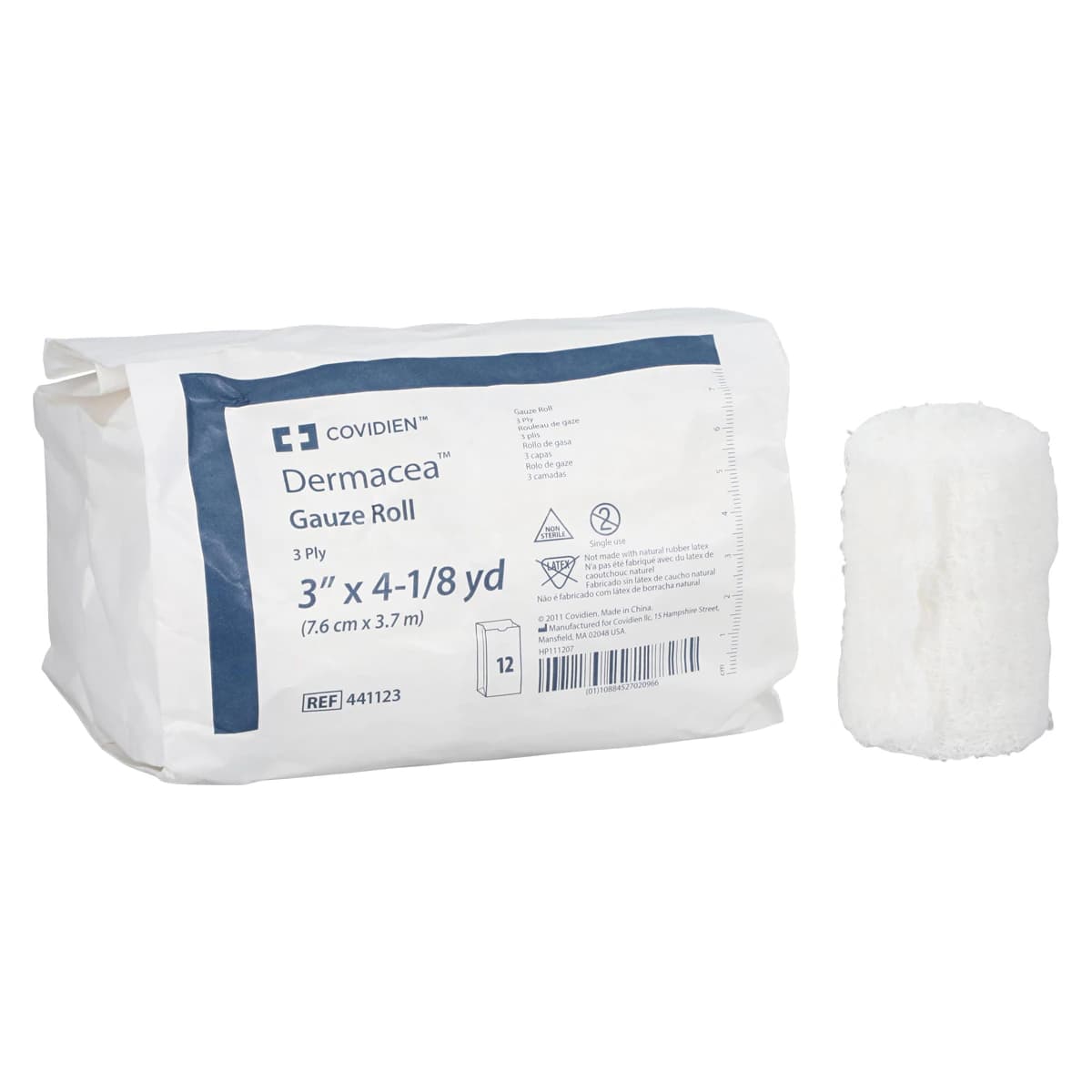 Dermacea Gauze Bandage Roll, Cotton Fluff, 3" x 4 yd, 3-Ply, Non-Sterile, 12/Bag thumbnail 2