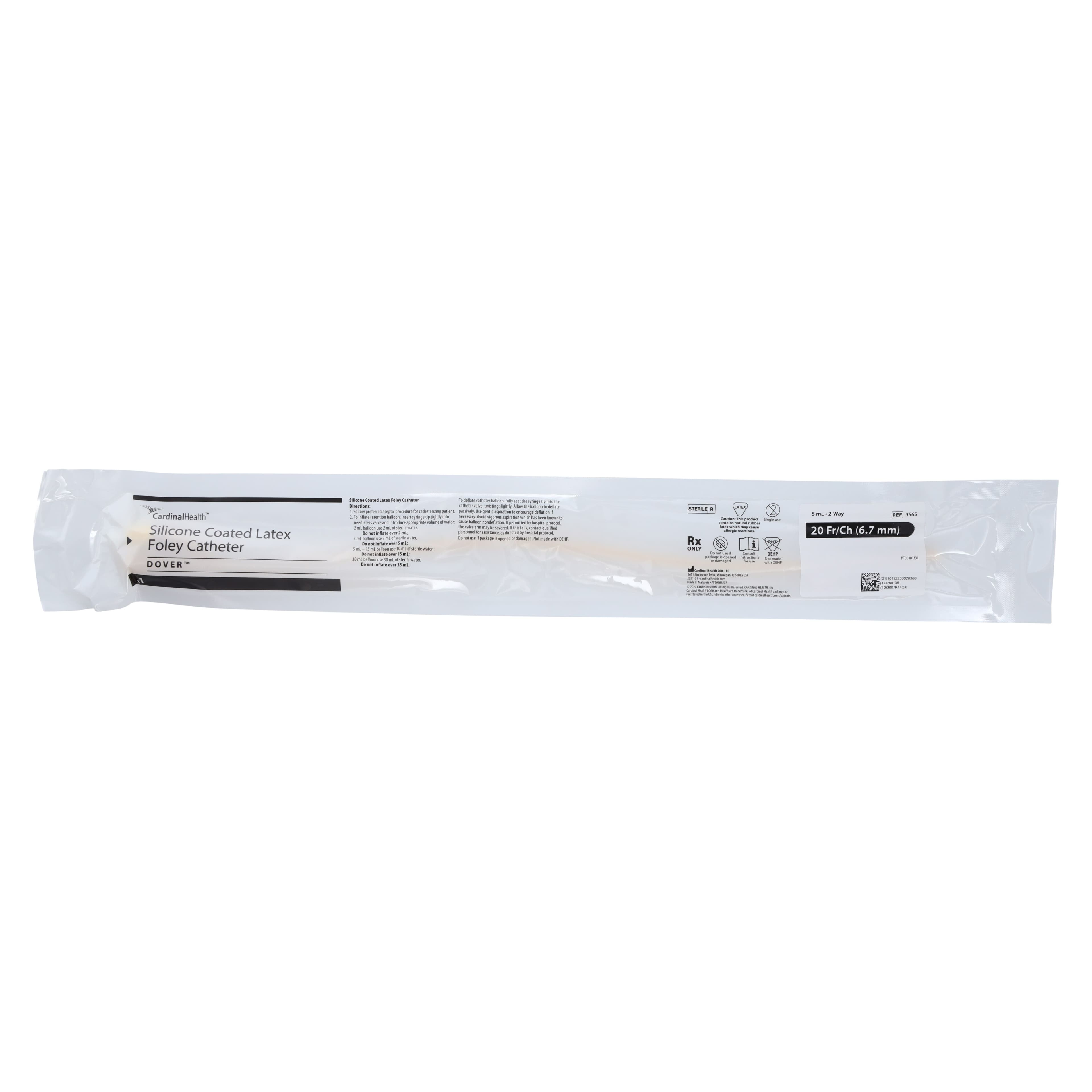 Dover 2-Way Foley Catheter, Silicone Coated Latex, 20 Fr, 5 cc Balloon, Straight Tip, Sterile, 3565 thumbnail 2