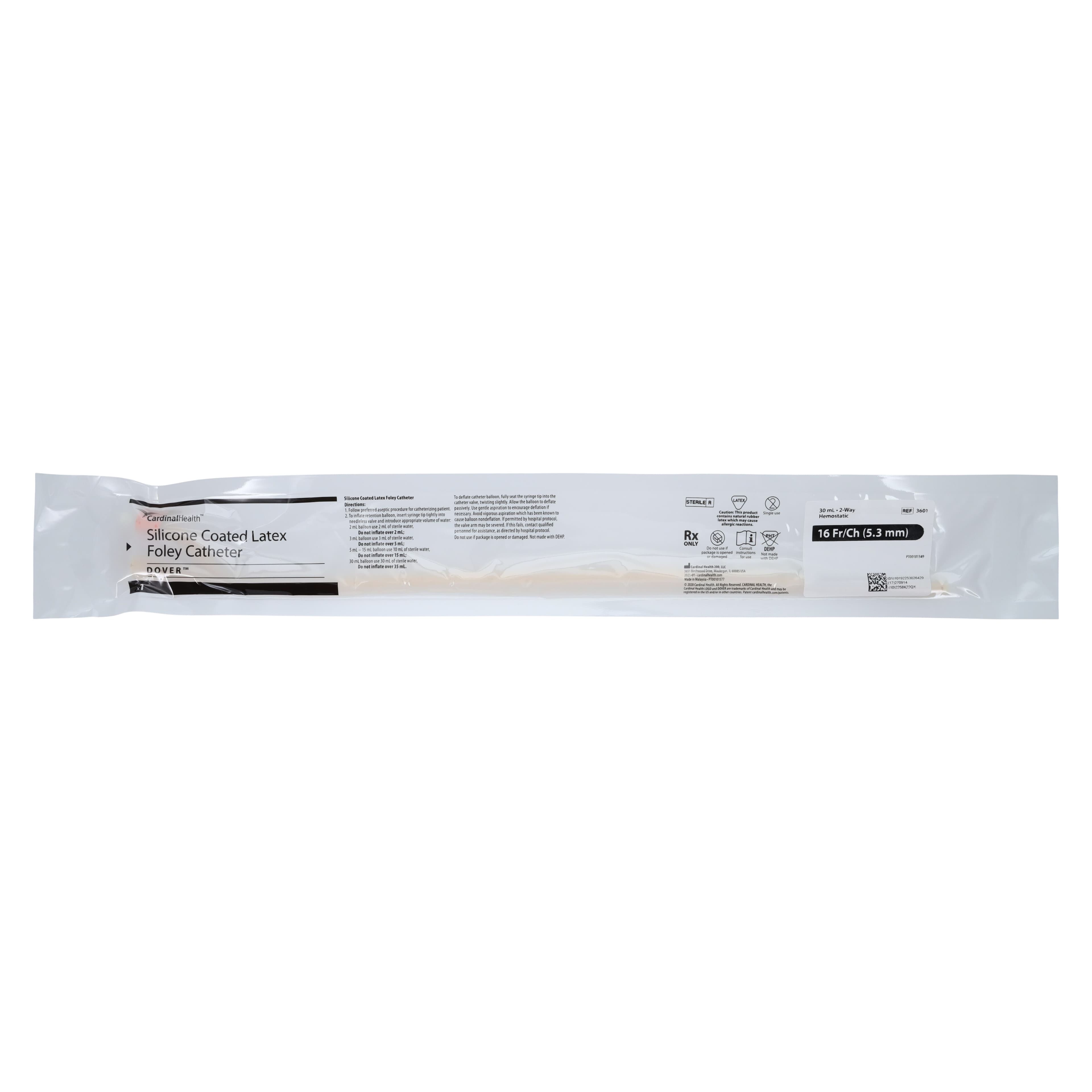 Dover 2-Way Foley Catheter, Straight Tip, Silicone Coated, 16 Fr, 30 cc, 3601 thumbnail 2