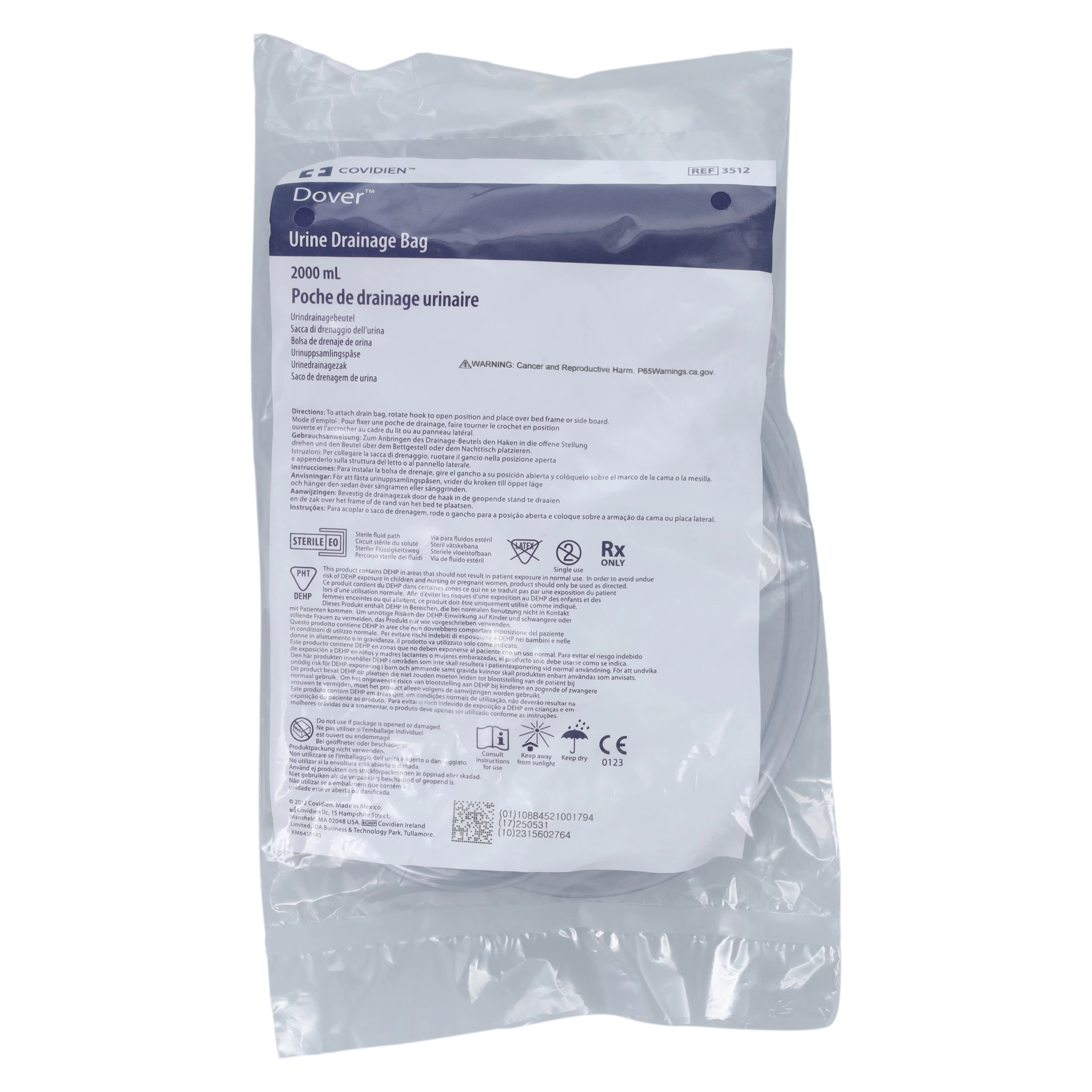 Dover Precision Urinary Drainage Bag, 2000cc, Disposable, Anti-Reflux Chamber, Standard, 3512 - Drainage Bag Anti Reflux - Image 1