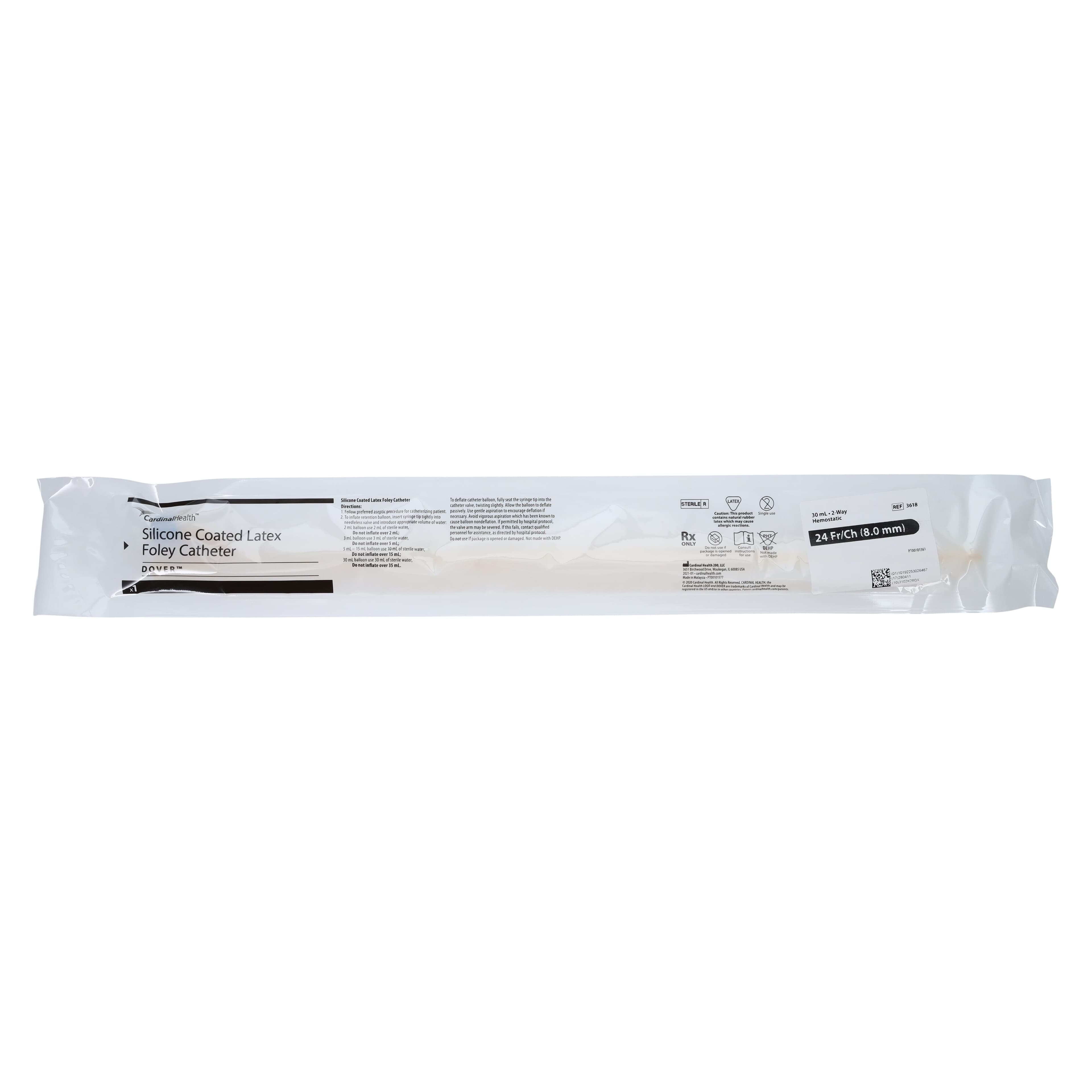 Dover 2-Way Foley Catheter, Straight Tip, Silicone Coated Latex, 24 Fr, 30 cc, 17" thumbnail 2