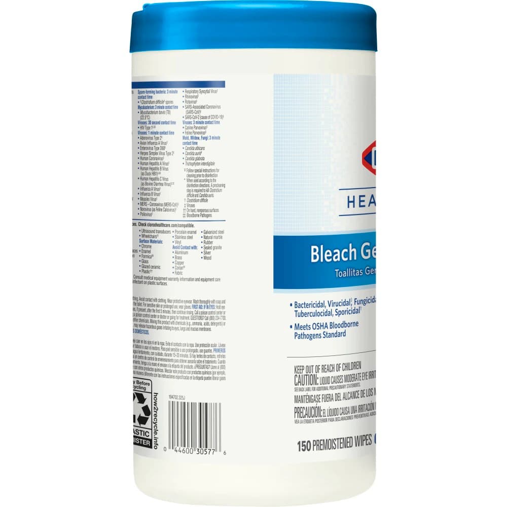 Clorox Healthcare Bleach Germicidal Wipes, 6" x 5", Canister of 150, EPA 67619-12 thumbnail 2