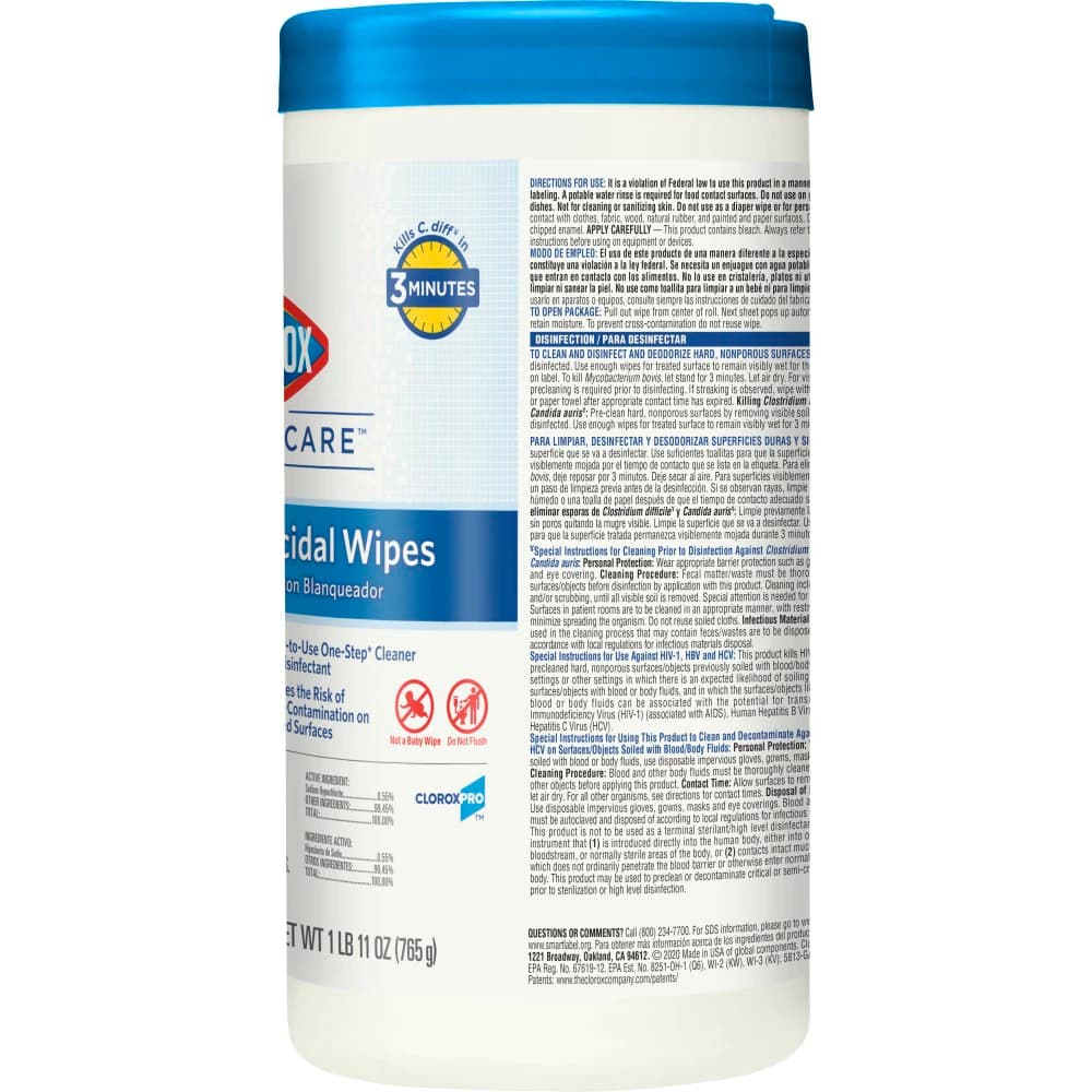 Clorox Healthcare Bleach Germicidal Wipes, 6" x 5", Canister of 150, EPA 67619-12 thumbnail 3