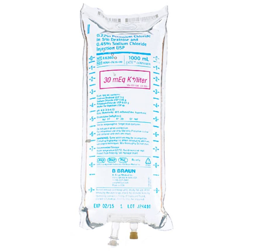 B. Braun Dextrose 5% and Sodium Chloride 0.45% IV Injection Solution with Potassium Chloride 0.22%, 1000mL Plastic Container, 12/Case - Dex 5% W/.45 Sod Chlor - Image 1