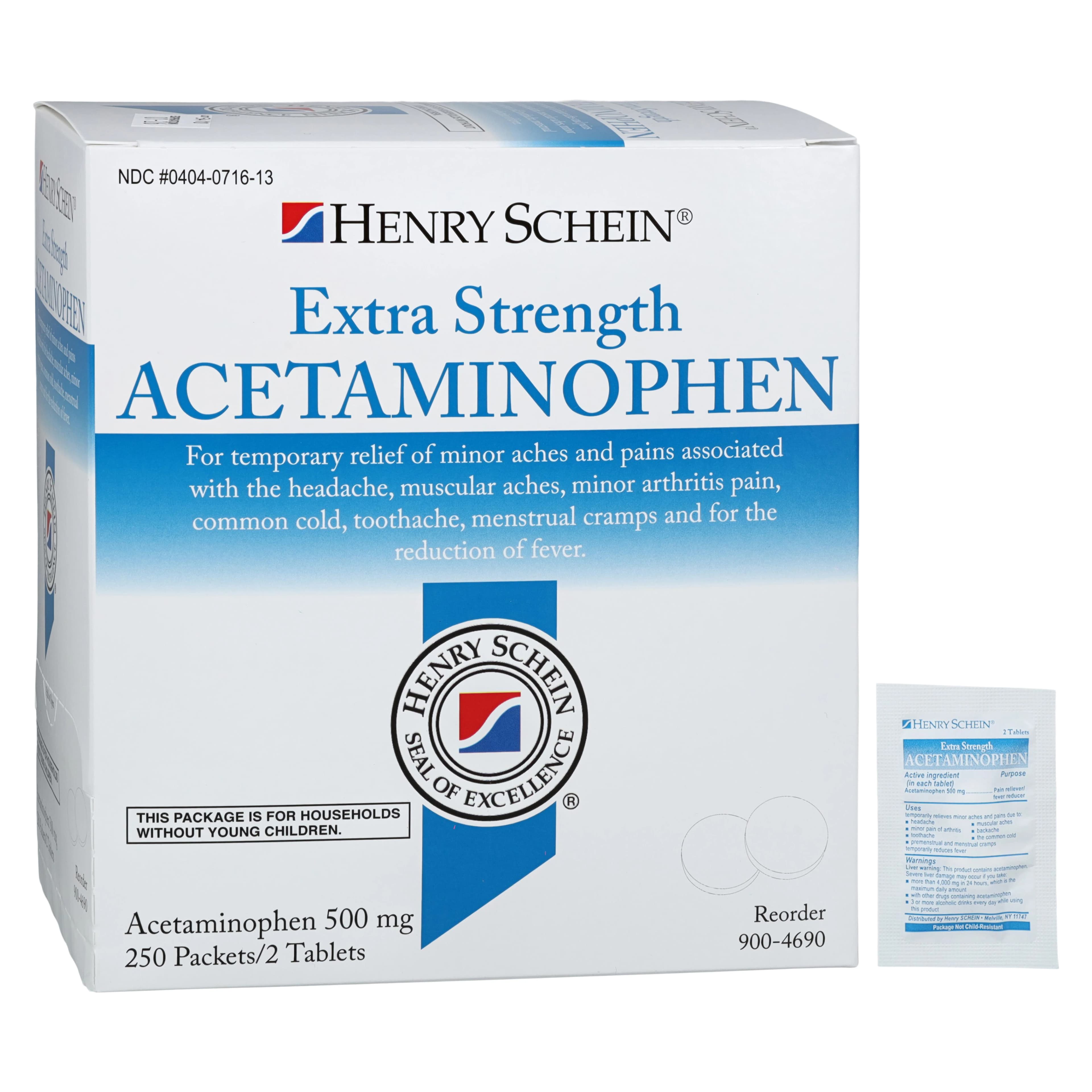Henry Schein APAP Extra Strength Pain Reliever/Fever Reducer Tablets, 500mg, 250 Tablets per Pouch, 2 Pouches per Box - APAP Extra Strength Pouches - Image 1