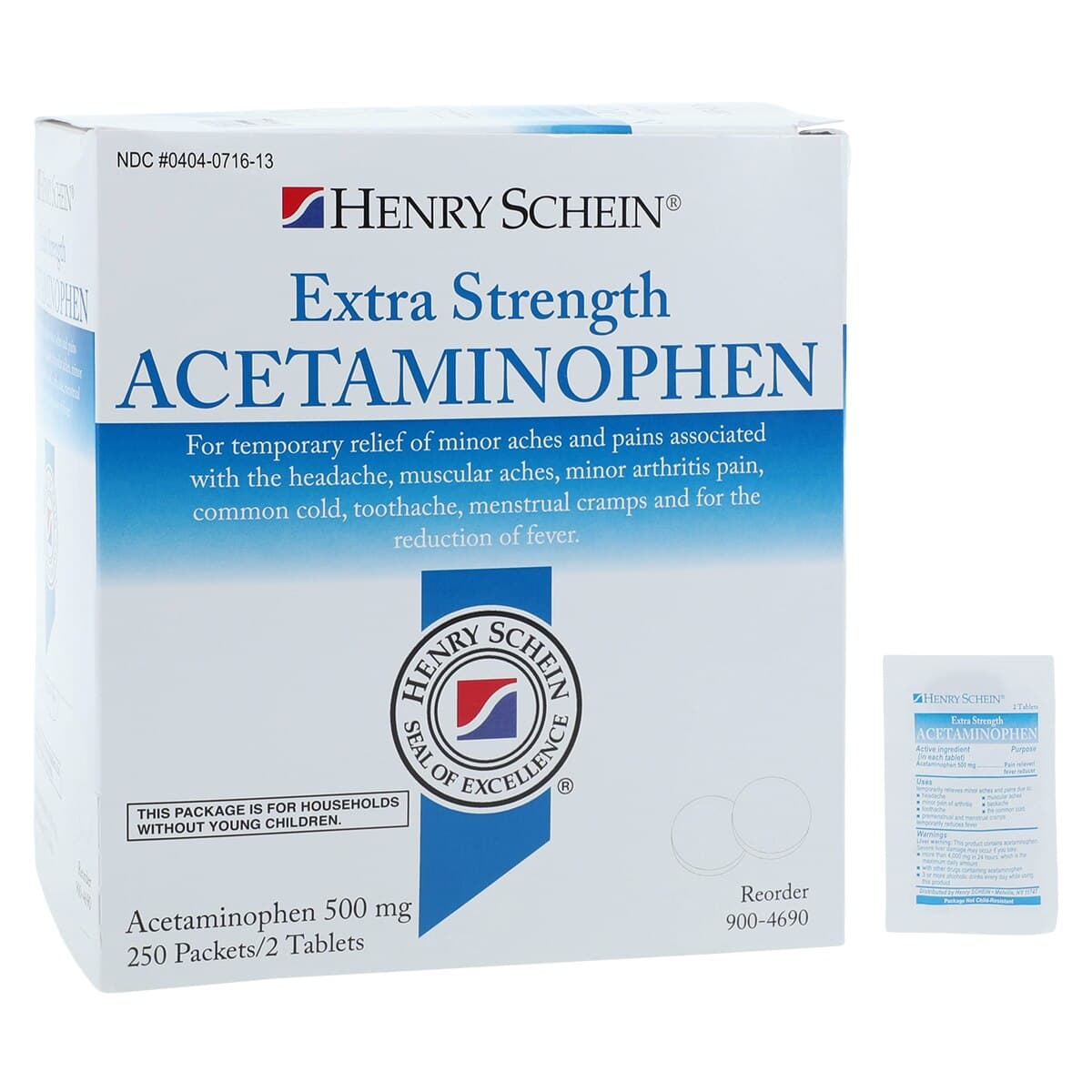 Henry Schein APAP Extra Strength Pain Reliever/Fever Reducer Tablets, 500mg, 250 Tablets per Pouch, 2 Pouches per Box thumbnail 2