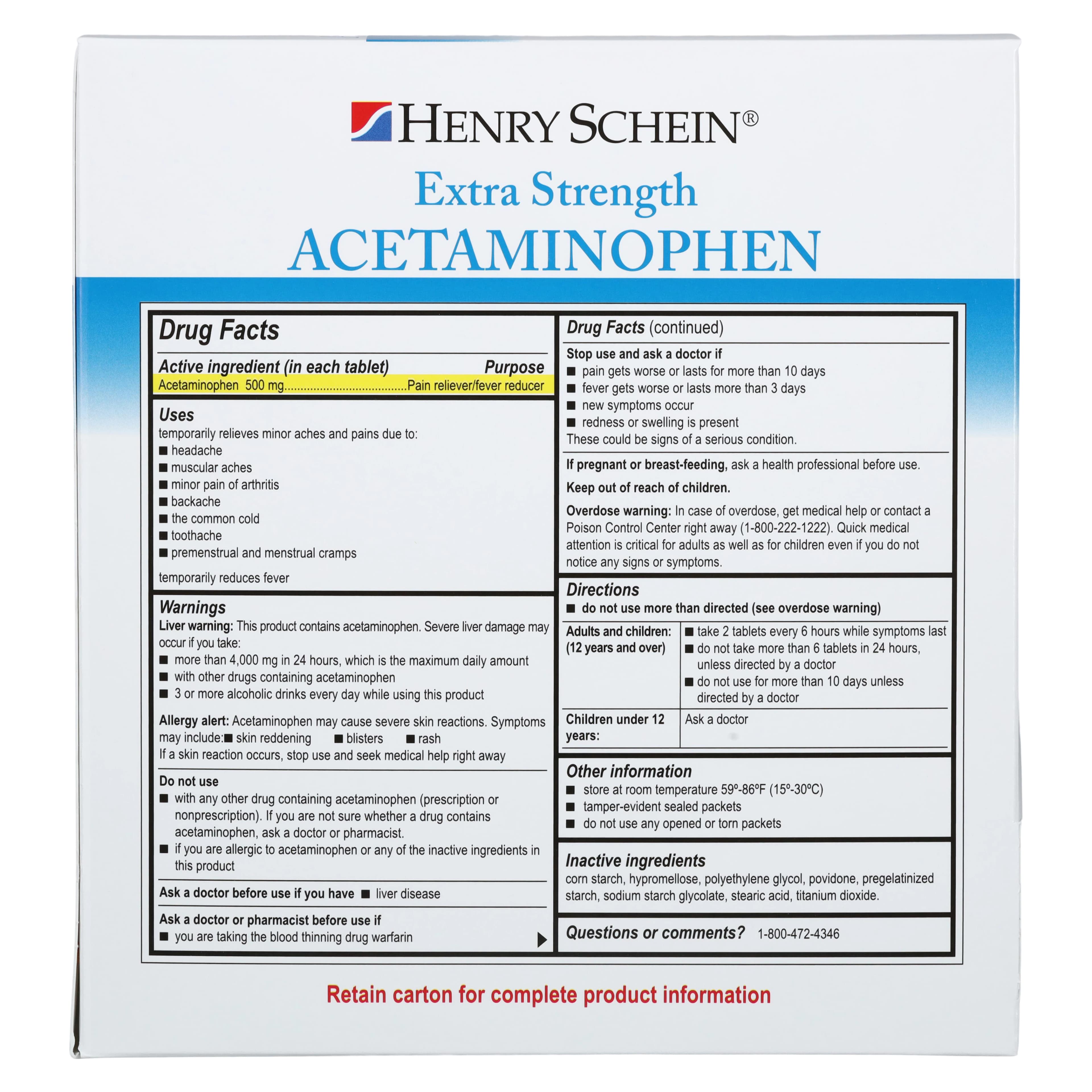Henry Schein APAP Extra Strength Pain Reliever/Fever Reducer Tablets, 500mg, 250 Tablets per Pouch, 2 Pouches per Box thumbnail 6