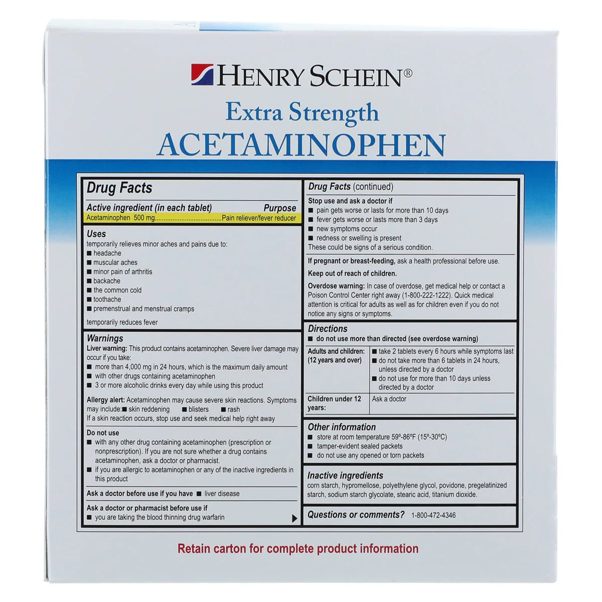 Henry Schein APAP Extra Strength Pain Reliever/Fever Reducer Tablets, 500mg, 250 Tablets per Pouch, 2 Pouches per Box thumbnail 7