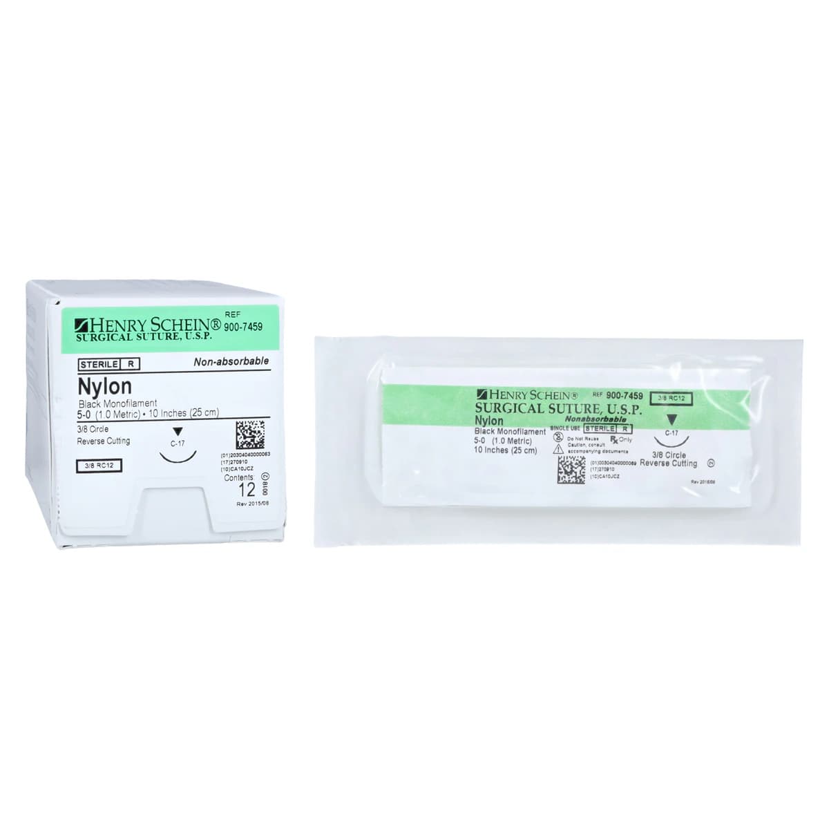 Henry Schein Black Monofilament Nylon Non-Absorbable Surgical Sutures, 5-0, 10", C-17 Precision Reverse Cutting 3/8 Circle Needle, 12/Bx - Black Monofilament Nylon Non-Absorbable Surgical Sutures - Image 1