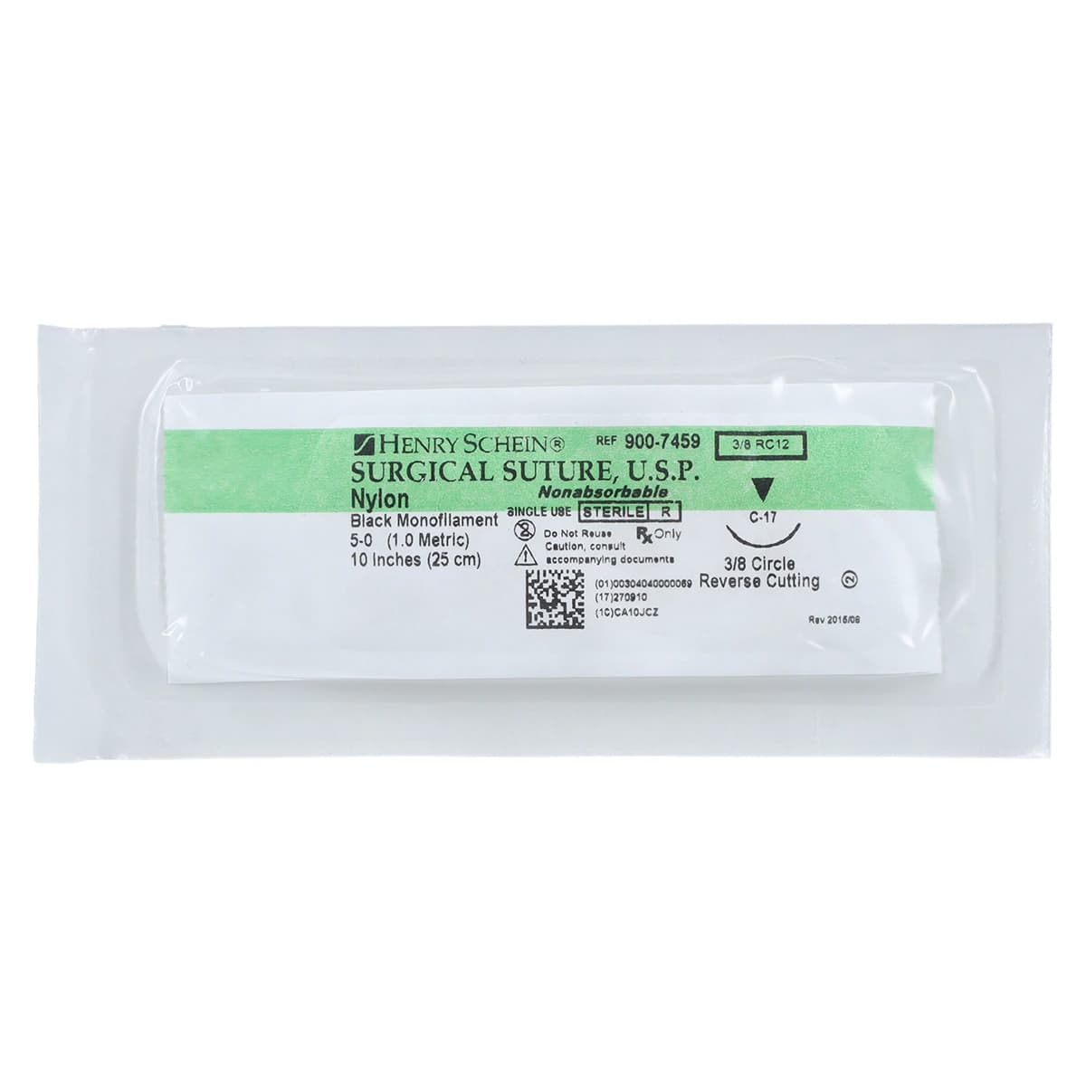 Henry Schein Black Monofilament Nylon Non-Absorbable Surgical Sutures, 5-0, 10", C-17 Precision Reverse Cutting 3/8 Circle Needle, 12/Bx thumbnail 3