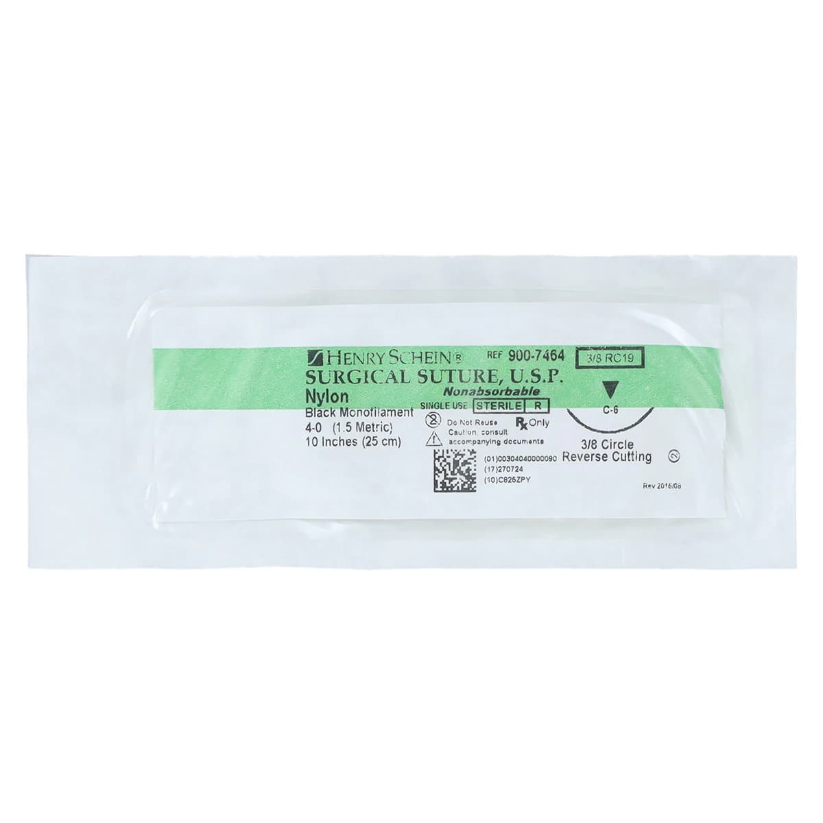 Henry Schein Black Monofilament Nylon Non-Absorbable Surgical Sutures, 4-0, 10" C-6 Reverse Cutting 3/8 Circle Needle 18mm, Uncoated, 12/Box thumbnail 3