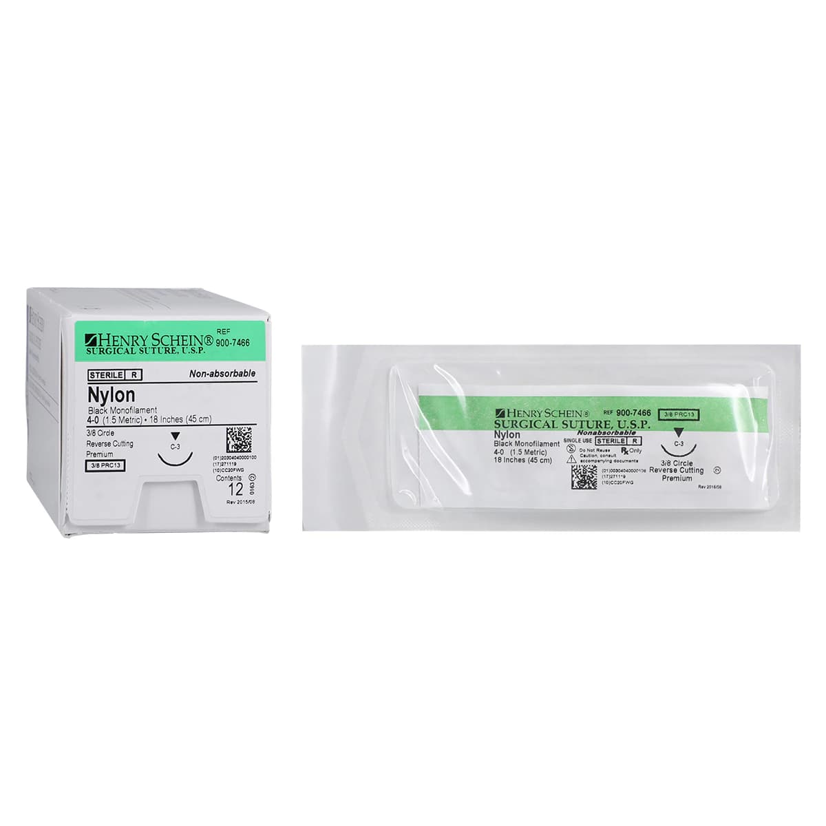 Henry Schein Black Monofilament Nylon Non-Absorbable Surgical Sutures, 4-0, 18", C-3 Precision Reverse Cutting 3/8 Circle Needle 13mm, 12/Box thumbnail 2