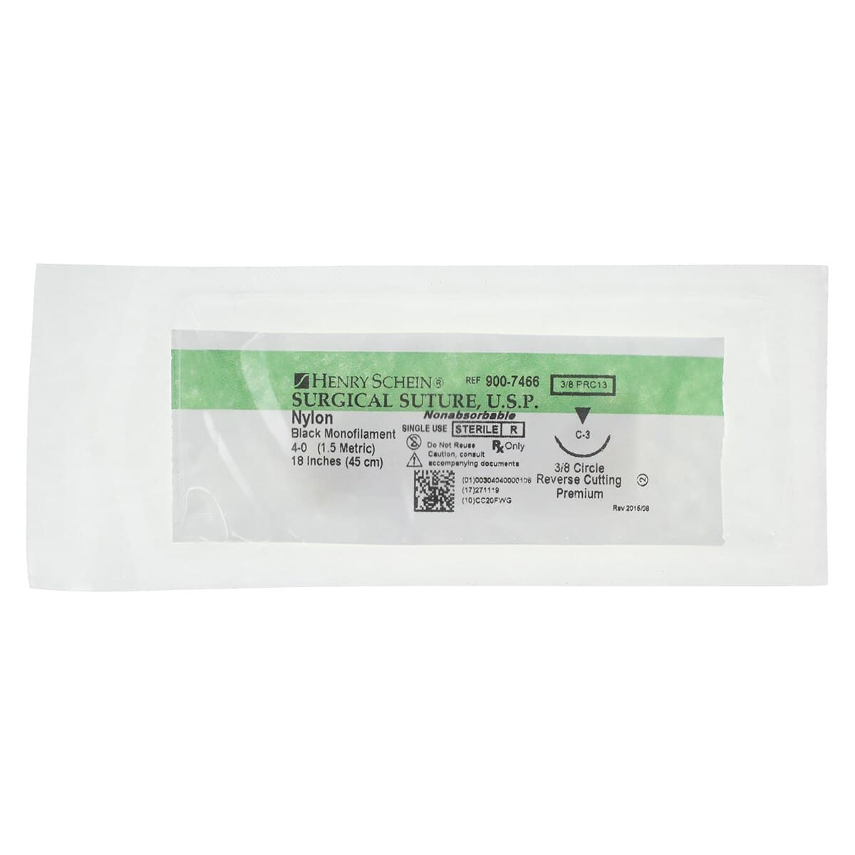 Henry Schein Black Monofilament Nylon Non-Absorbable Surgical Sutures, 4-0, 18", C-3 Precision Reverse Cutting 3/8 Circle Needle 13mm, 12/Box thumbnail 3