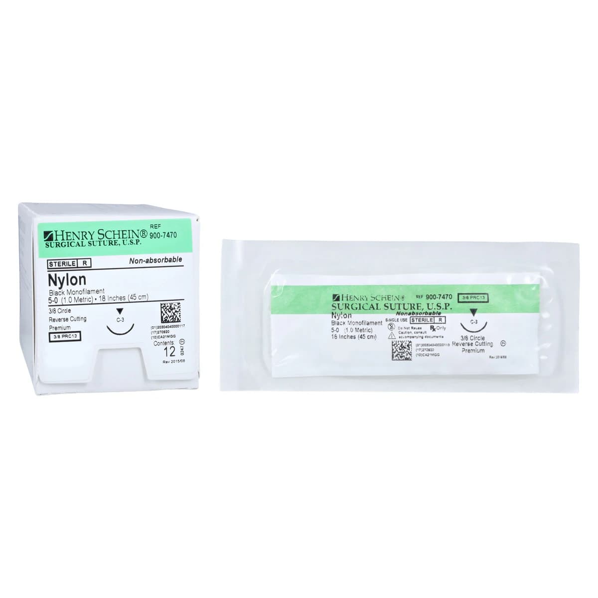 Henry Schein Black Monofilament Nylon Non-Absorbable Surgical Sutures, 5-0, 18", C-3 Precision Reverse Cutting 3/8 Circle Needle 13mm, 12/Box thumbnail 2