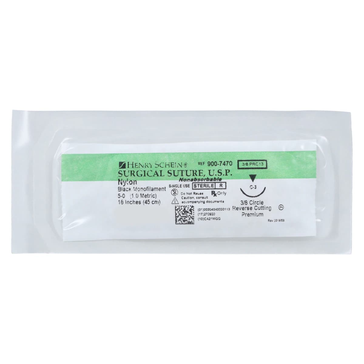 Henry Schein Black Monofilament Nylon Non-Absorbable Surgical Sutures, 5-0, 18", C-3 Precision Reverse Cutting 3/8 Circle Needle 13mm, 12/Box thumbnail 3