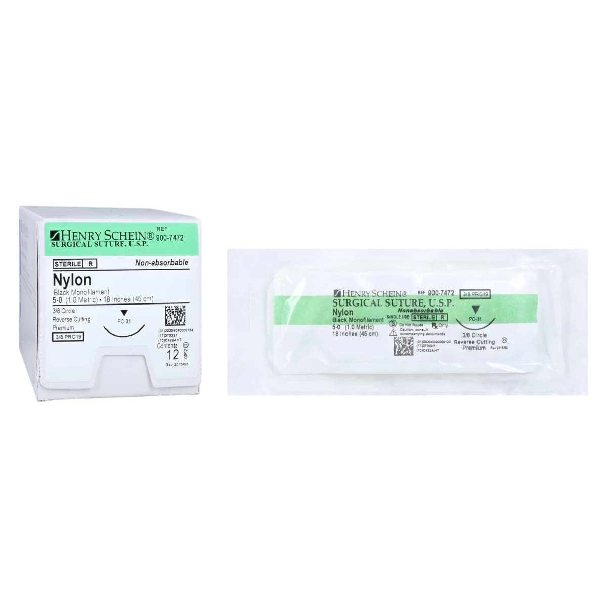 Henry Schein Black Monofilament Nylon Non-Absorbable Surgical Sutures, 5-0, 18", PC-31 Precision Reverse Cutting 3/8 Circle Needle, 18mm, 12/Box - Black Monofilament Nylon Non-Absorbable Surgical Sutures - Image 1