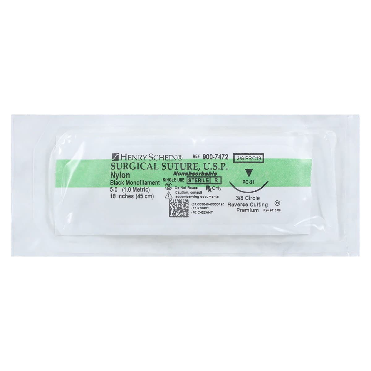 Henry Schein Black Monofilament Nylon Non-Absorbable Surgical Sutures, 5-0, 18", PC-31 Precision Reverse Cutting 3/8 Circle Needle, 18mm, 12/Box thumbnail 3