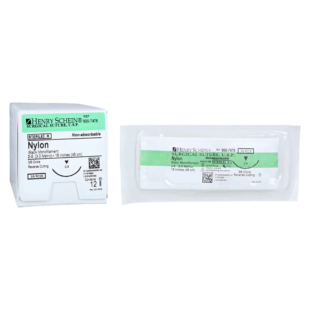 Henry Schein Black Monofilament Nylon Non-Absorbable Surgical Sutures, 2-0, 18", C-8 Reverse Cutting 3/8 Circle Needle, 26mm, 12/Box thumbnail 2
