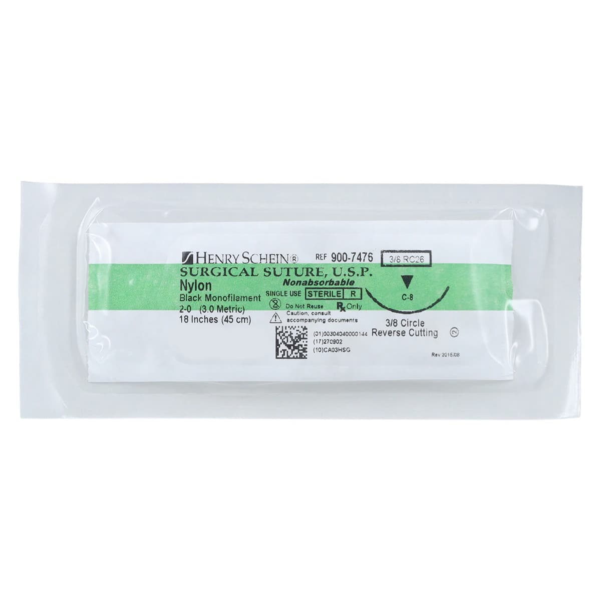 Henry Schein Black Monofilament Nylon Non-Absorbable Surgical Sutures, 2-0, 18", C-8 Reverse Cutting 3/8 Circle Needle, 26mm, 12/Box thumbnail 3