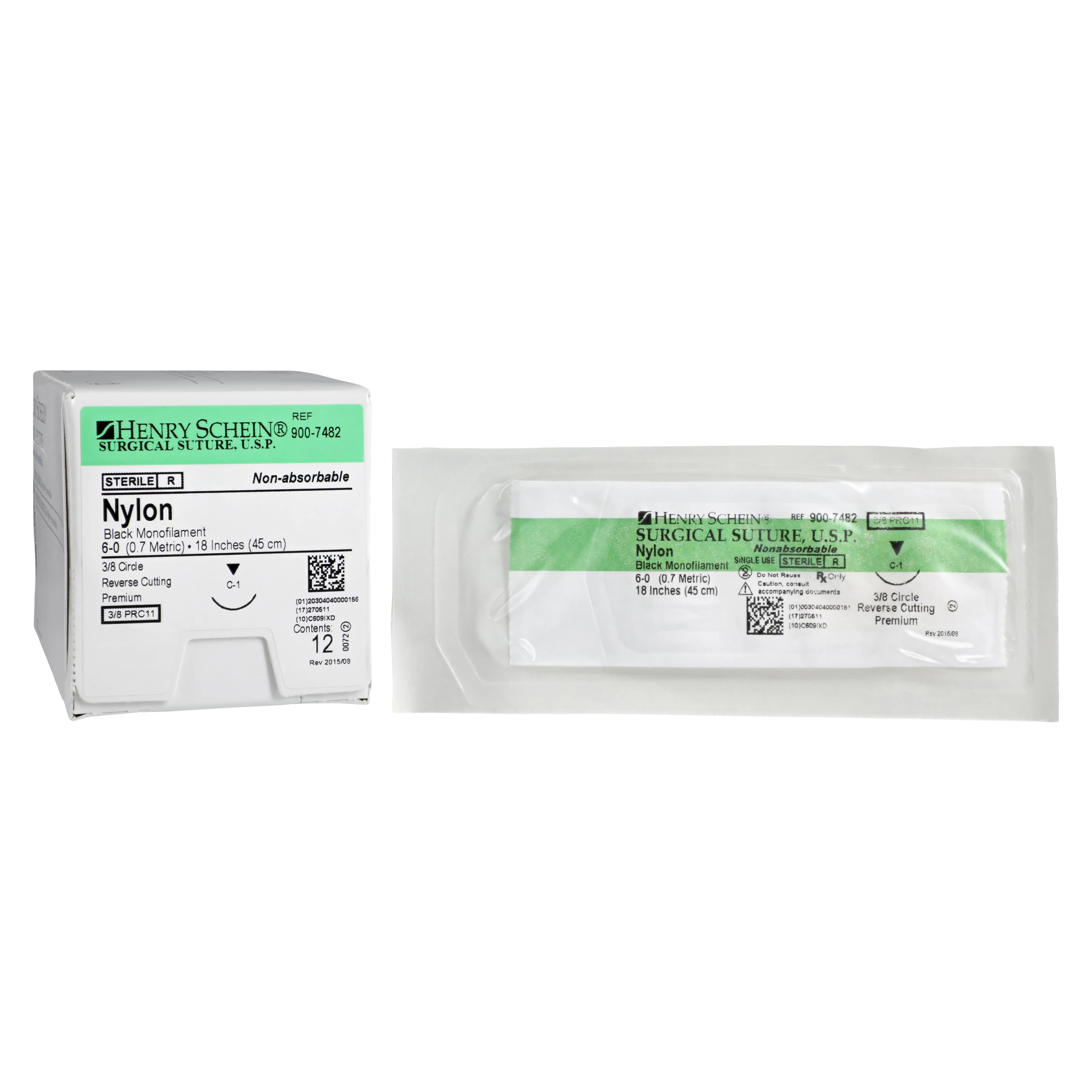 Henry Schein Black Monofilament Nylon Non-Absorbable Surgical Suture, 6-0, 18", C-1 Precision Reverse Cutting 3/8 Circle Needle, 11mm, 12/Box - Black Monofilament Nylon Non-Absorbable Surgical Sutures - Image 1