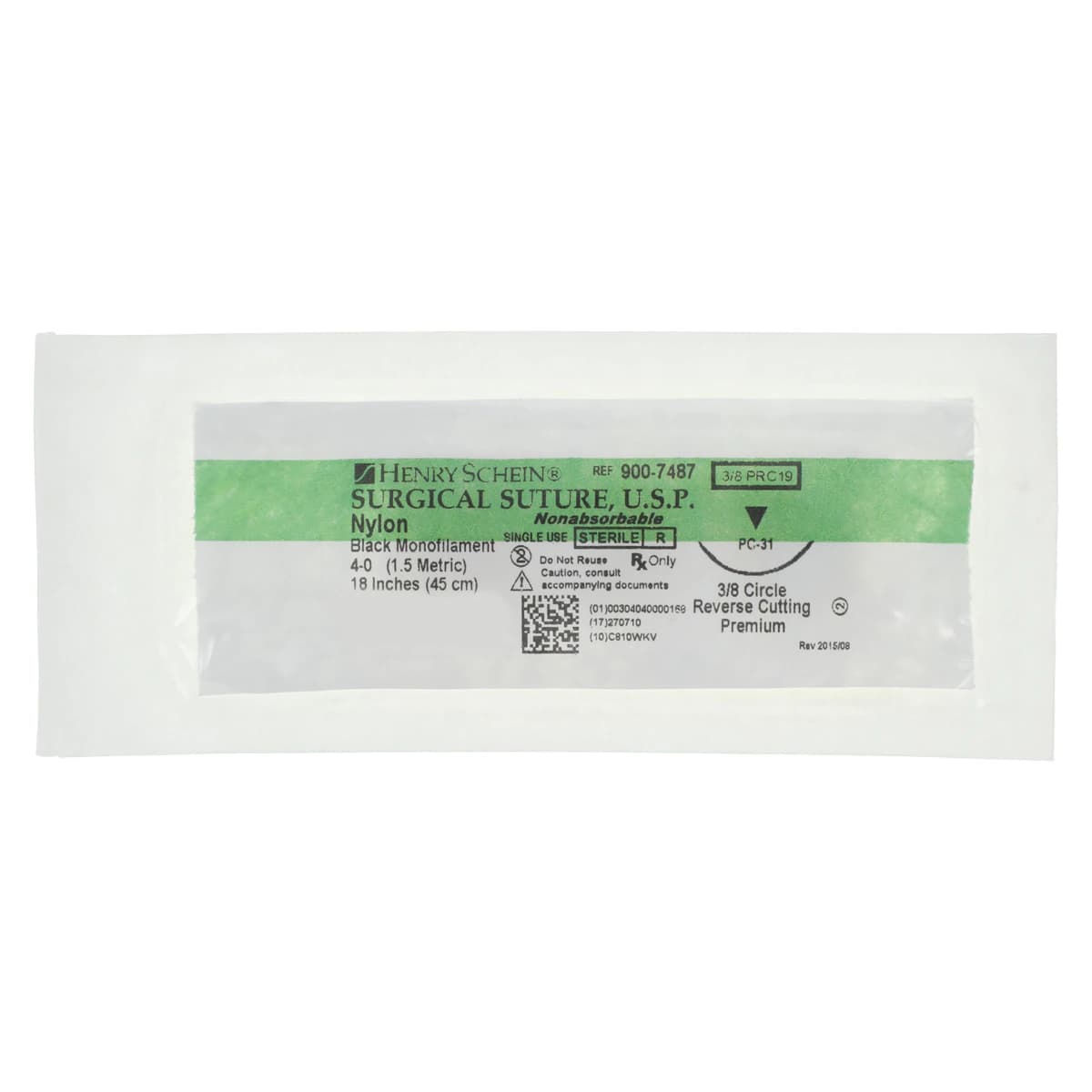 Henry Schein Black Monofilament Nylon Non-Absorbable Surgical Sutures, 4-0, 18", PC-31 Precision Reverse Cutting 3/8 Circle Needle, 18mm, 12/Box thumbnail 3
