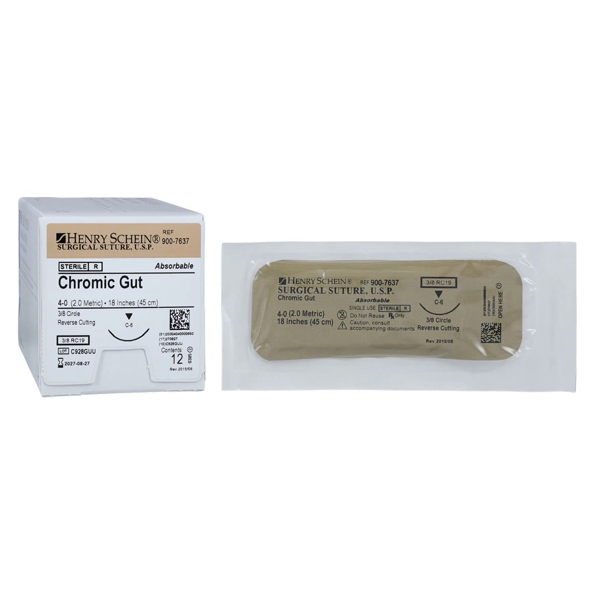 Henry Schein Chromic Gut Absorbable Surgical Sutures, 4-0, C-6 Reverse Cutting, 18" Monofilament, Undyed Beige, 12/Box - Chromic Gut Absorbable Surgical Sutures - Image 1