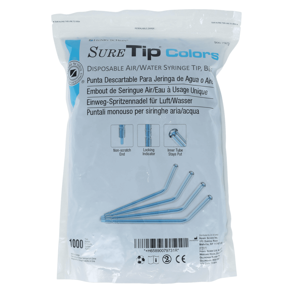 Sure Tip Colors Air/Water Syringe Tips, Disposable, Blue, 1000/Bag thumbnail 2