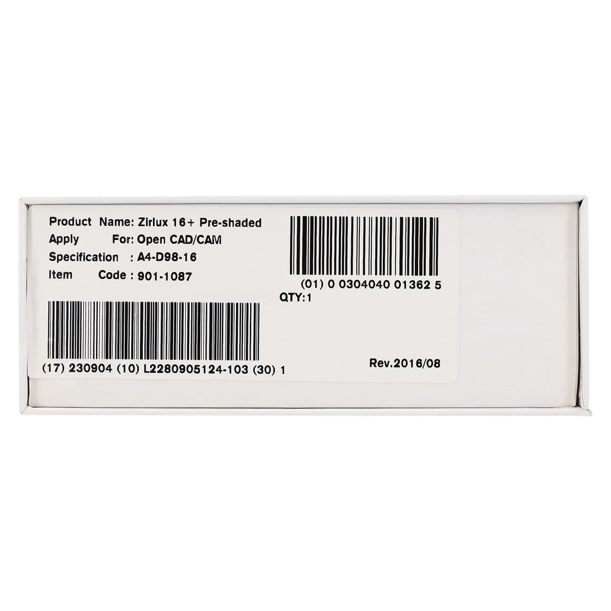 Zirlux 16+ Zirconia Disc A4, 98x16mm, Each - Zirlux 16+ A4 - Image 1